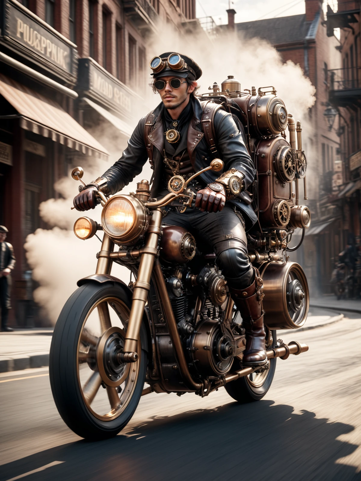 man driving a motorbike, steampunk, boots, gloves, backpack, mad-stpk-bts, mad-stpk_glvs, mad-stpk-bkpk, steam, grease, motion blur <lora:Gearbound_Steampunk_Chic_1_SDXL:0.6>, masterpiece, best quality, ultra high res, (photorealistic, realistic:1.2), deep shadow, raw photo, film grain, Fujifilm XT3, 8k uhd, dslr