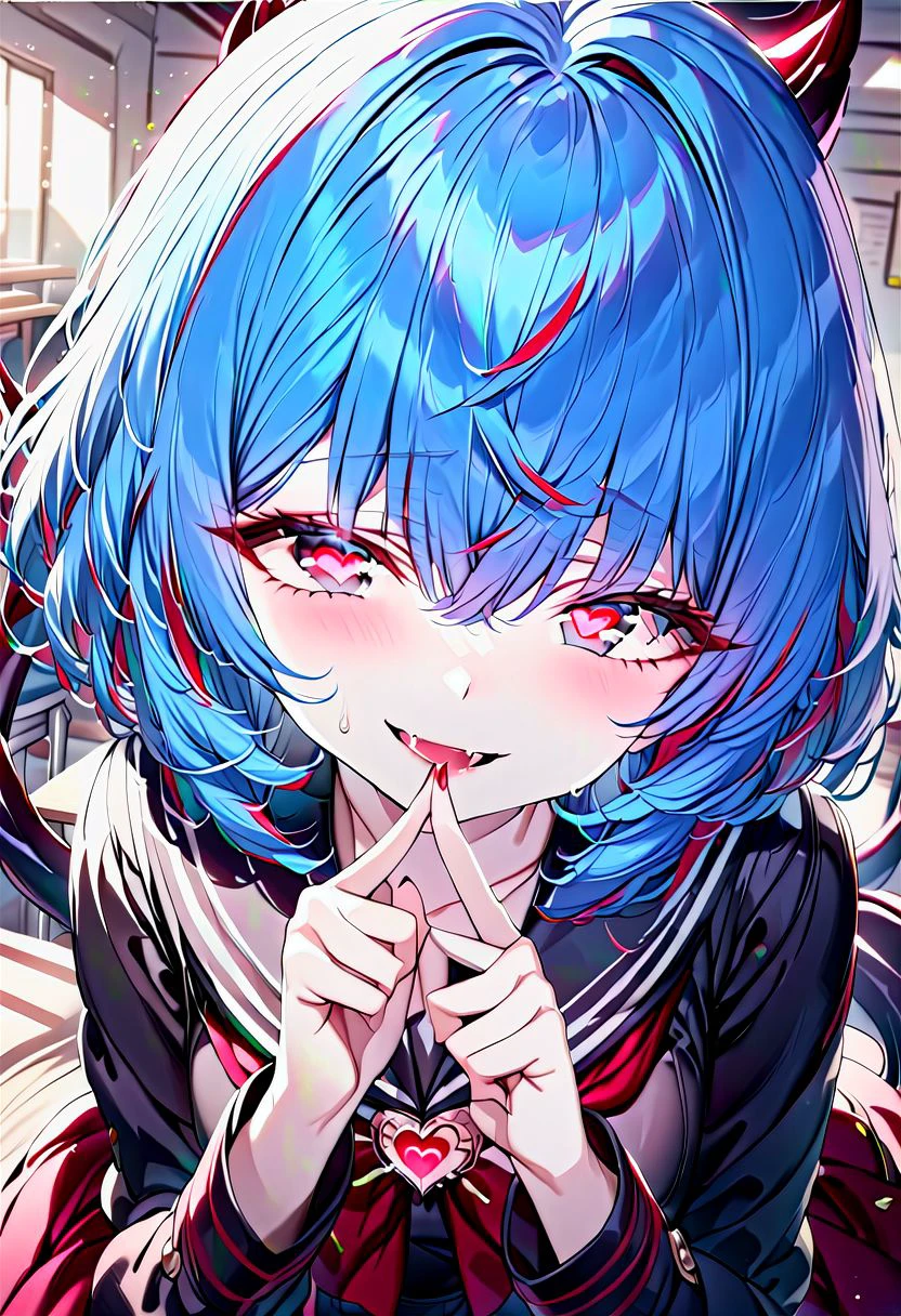 <lora:detail_fingers:1.6>,
(twin girls, red and blue hair, anime style, top down, classroom, blurred background), (school sailor uniform, hand on lips, empty eyes, short hair, evil smile, fangs, devil's tails:1.15), (heart-shaped pupils, heart-shaped pupils,heart-shaped pupils:1.4),
(detai_fingers:1.3), (detailed beautiful girls, detailed beautiful eyes, detailed beautiful hair:1.3),
(stunning quality, excellent quality, masterpiece, clear work, detailed work, meticulous work:1.45),