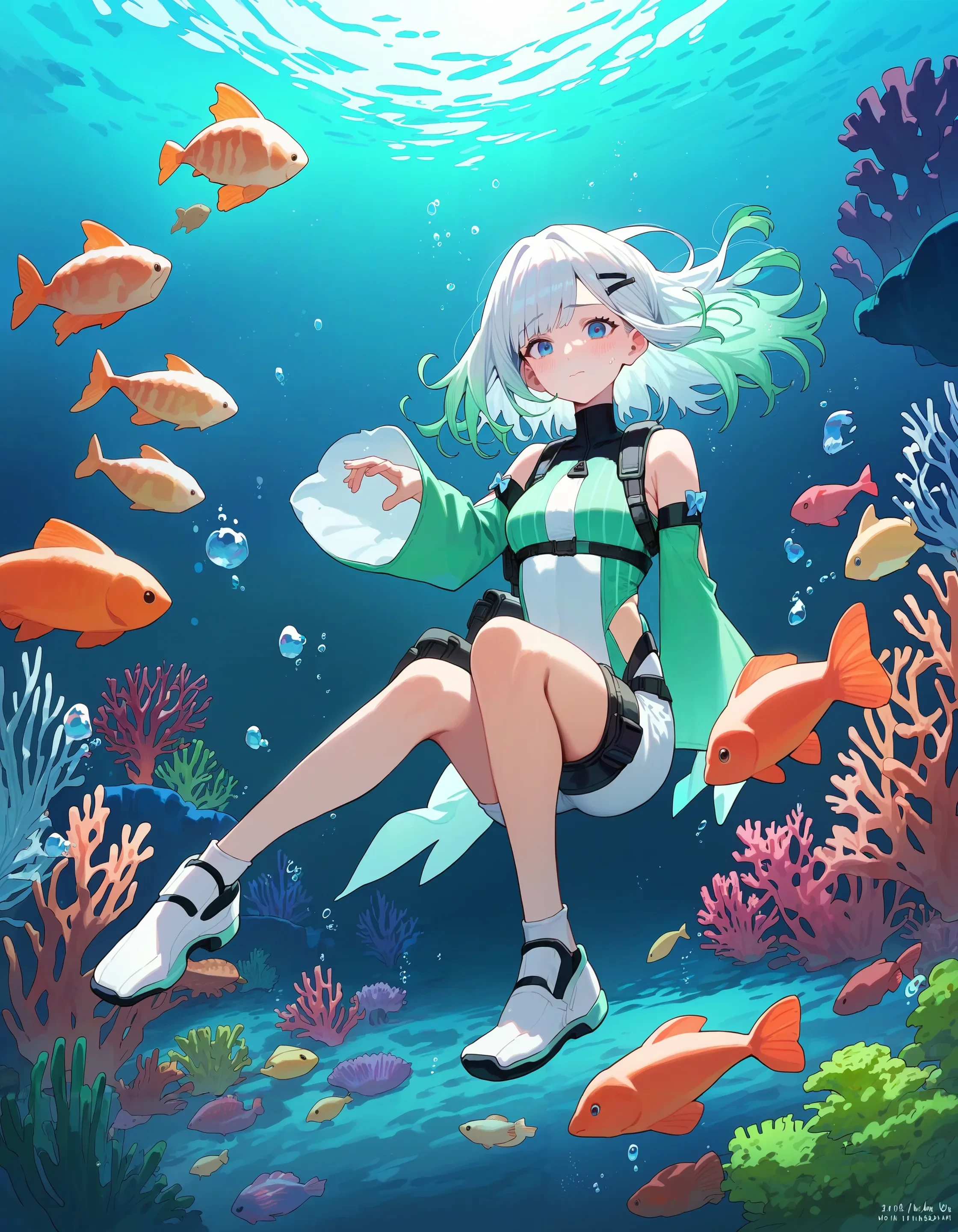 score_9, score_8_up, score_7_up,
1girl, mint fantome, white hair, gradient hair, blue eyes,
light particles,
diving suit, underwater, fish, coral, detached sleeves, ghost, nervous, ghost ornament,
best quality, masterpiece, full body
<lora:char_mintfantome-v2-pony_1_res:1>