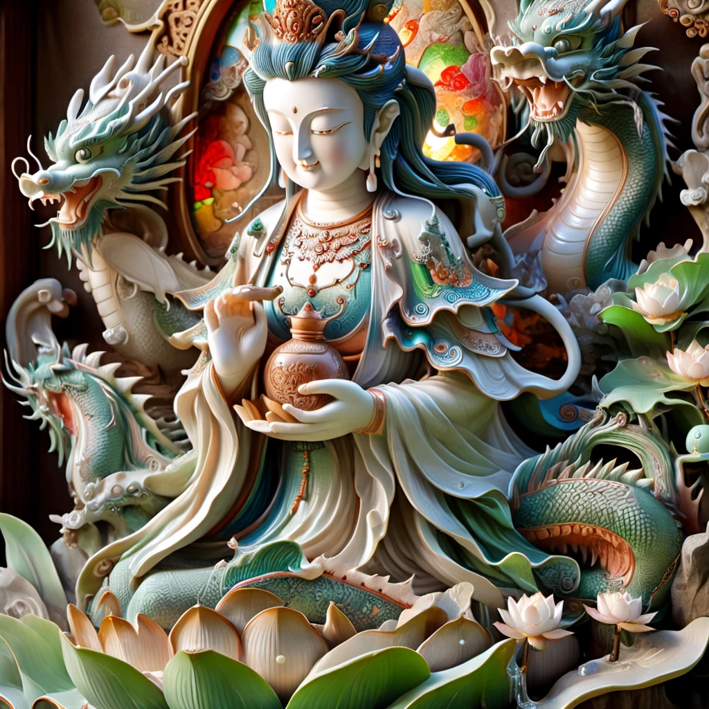 (a statue of a female buddha in vestment),standing,sitting cross-legged,Holding an ancient wooden bottle,Holding precious pearl and willow branch,wish-fulfilling gem,full body:1.2,half upper body,Magical and Unique Lotus,hand by Guido Daniel,<lora:ç¿ çç½è SDXLï½çéé£æ ¼_v1.0:1>,<lora:Guanyin:1>,, Huge and wonderful lotus, majestic hall, colorful light, stained glass windows, meditation mats, worship mats, flowers, offerings, offering tables, ancient frescoes, dragon pillars, ancient carvings, huge walls carved in the shape of dragons