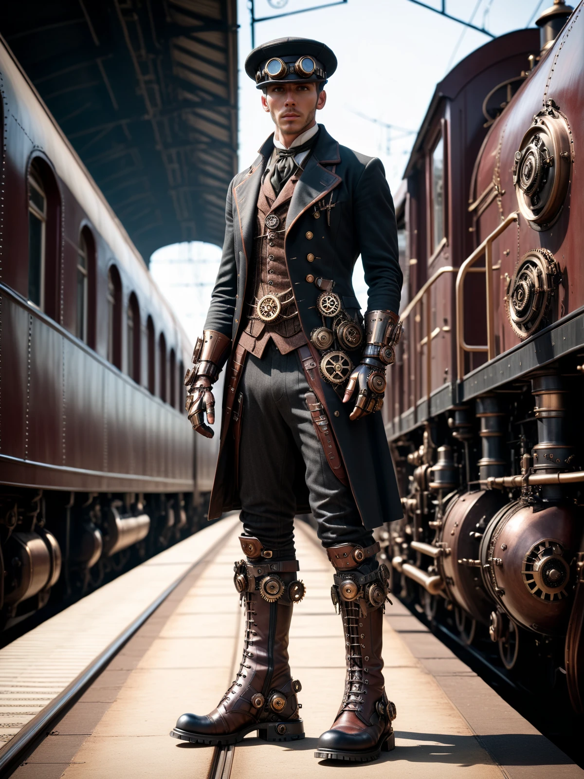 man standing in front of train, steampunk boots, gloves, mad-stpk-bts, mad-stpk_glvs <lora:Gearbound_Steampunk_Chic_1_SDXL:0.8>, masterpiece, best quality, ultra high res, (photorealistic, realistic:1.2), deep shadow, raw photo, film grain, Fujifilm XT3, 8k uhd, dslr