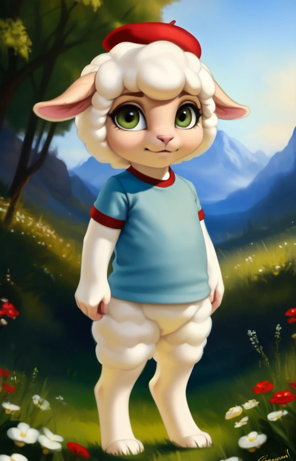 CloudMarshmallowTimes <lora:CloudMarshmallowTimes:1> [Forest, path, trees, sky clouds, mountains,]  red beret hat, elbow-length T-shirt, Blue T-shirt with red sleeves, sheep
textured fur, solo,  looking at viewer, to his full height,  (beautiful, aesthetic, perfect, delicate, intricate, masterpiece, )  chibi, 
by silgiriya mantsugosi, [[detailed Chunie lighting ]], [by personalami0.2], by cynicalstarr,