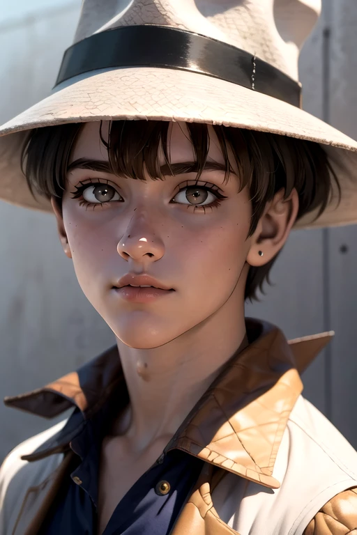 photorealistic, (4k), depth of field, (Masterpiece), (realistic skin texture), extremely detailed, intricate, hyper detailed, high resolution, professional photography, , depth of field, sharp detail, best quality, looking at viewer, 1boy, solo, male focus, <lora:nasiens_nnt_mny:0.92>, nasiens_nnt_mny, brown hair, brown eyes, short hair, , hat, texan costume, prison, HD