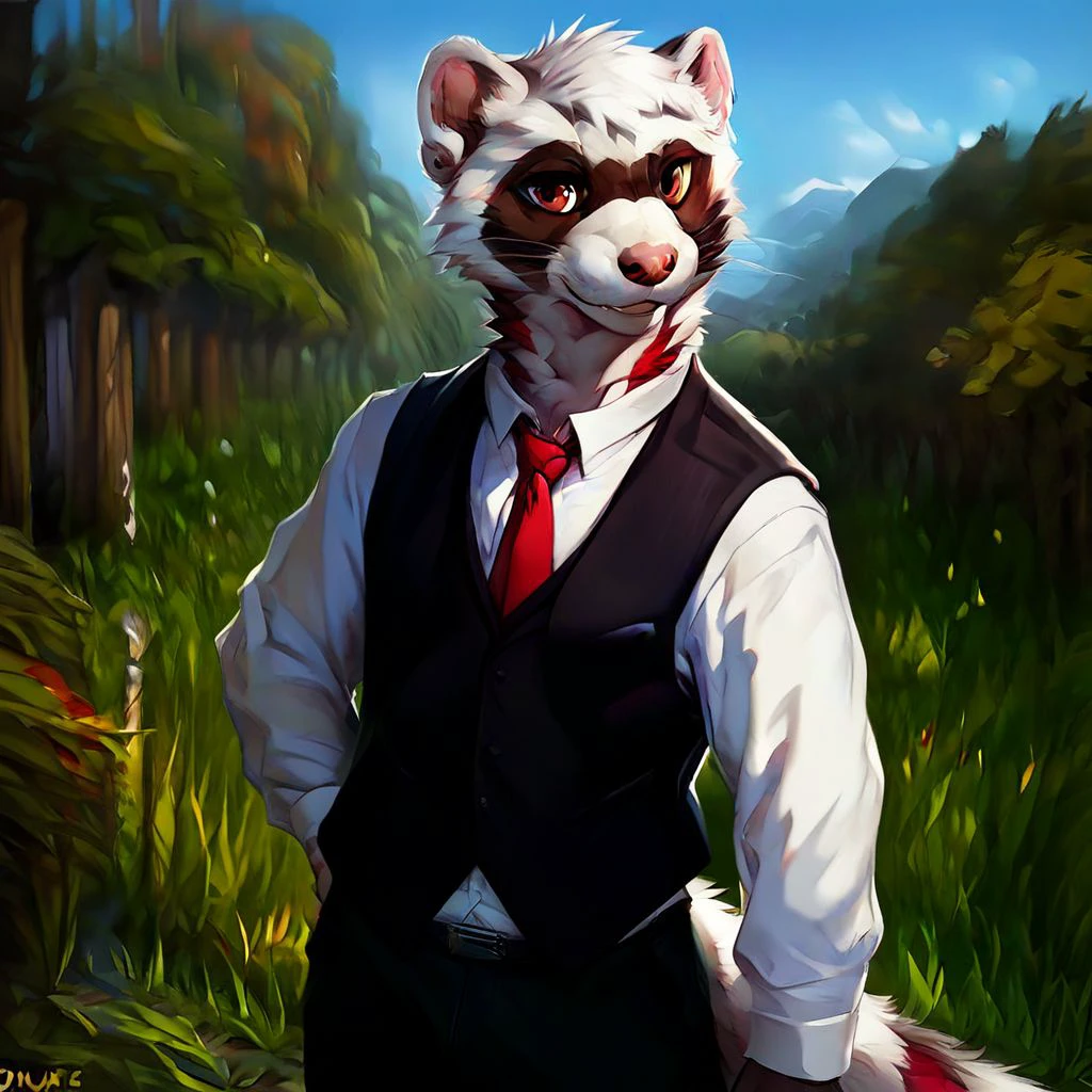 Ferret[animal], Demon tube[animal], Long cat[animal], striped markings, striped, markings, bandit mask marking, tail, animal ears, anthro, animal tail, animal,  multicoloured, paws, small nose, markings, stripes, white fur, white body, red stripes, stripes, red markings, markings, brown eyes, eyes, two eyes,  (male anthro furret:1.3).   Solo, alone, by himself, 1boy, male.  thin, skinny body, (twink body), (black body:1.1), clothing, clothed, suit, red tie, red necktie, necktie, black suit, black suit vest, vest, white shirt, shirt, black pants, pants, black trousers, trousers. HD, digital painting, digital art, masterpiece.  Headshot, head focus, close to face, closeup, bustshot.  Happy emotion, happy.   outside, forest, trees, woods, grassy floor, grassy, (outside:1.4)  HD, digital painting, digital art, masterpiece ((fullbody portrait)), digital drawing (artwork), digital media (artwork), hi res.