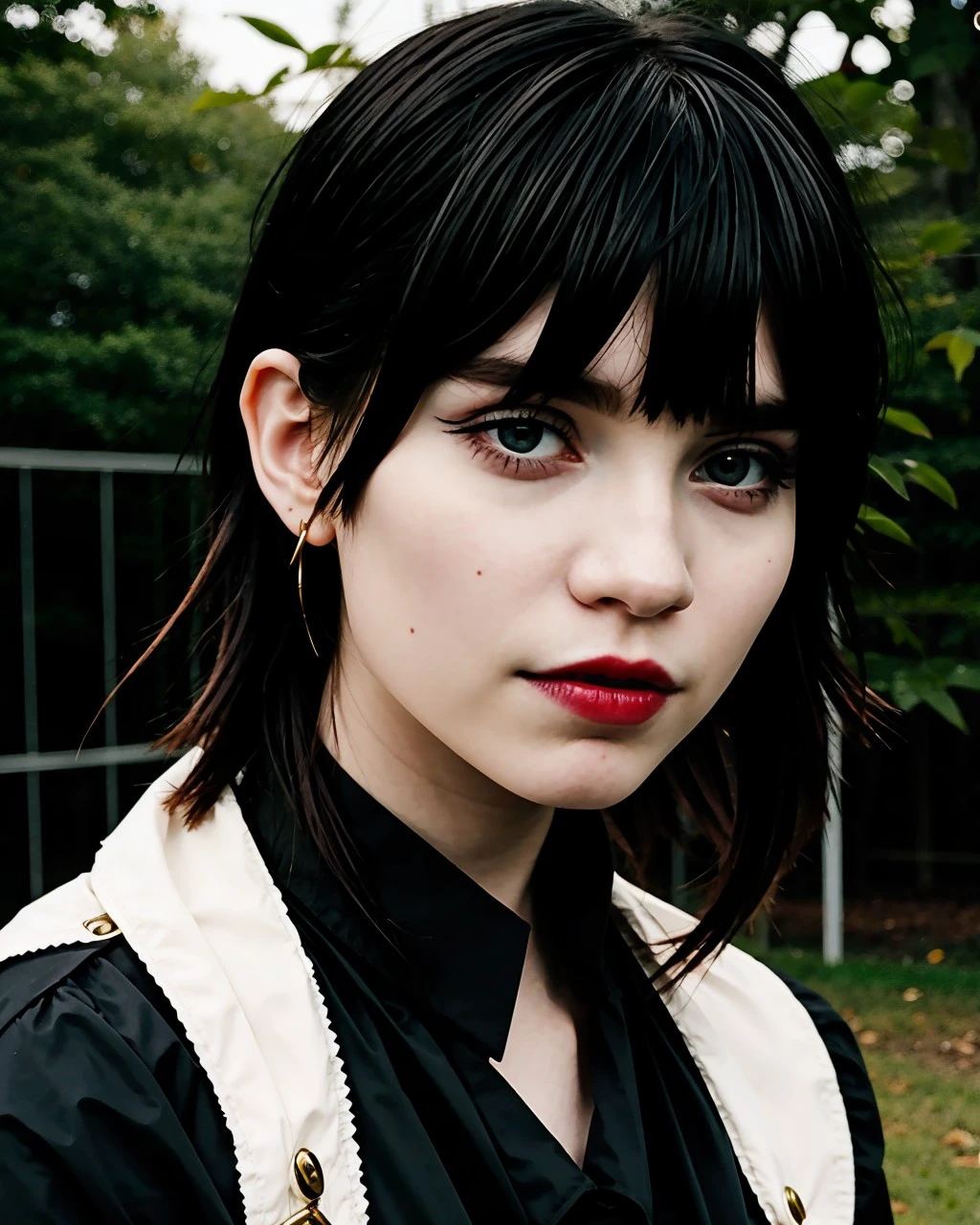 Chz-SophieT, (meticulously-detailed, Ultra-HD-realistic:1.3), Wanna be creepy and sad with me?, close-up RAW photo of 1girl as a goth kid, (wearing heavy emo makeup:1.3), blood-red-lips, midnight-black-eyeliner, (flirtatious smile), punk-rock-hair, goth girlz rule, emo 4 life, simple background, absurdres, (perfect-eyes, masterpiece, best quality:1.4),