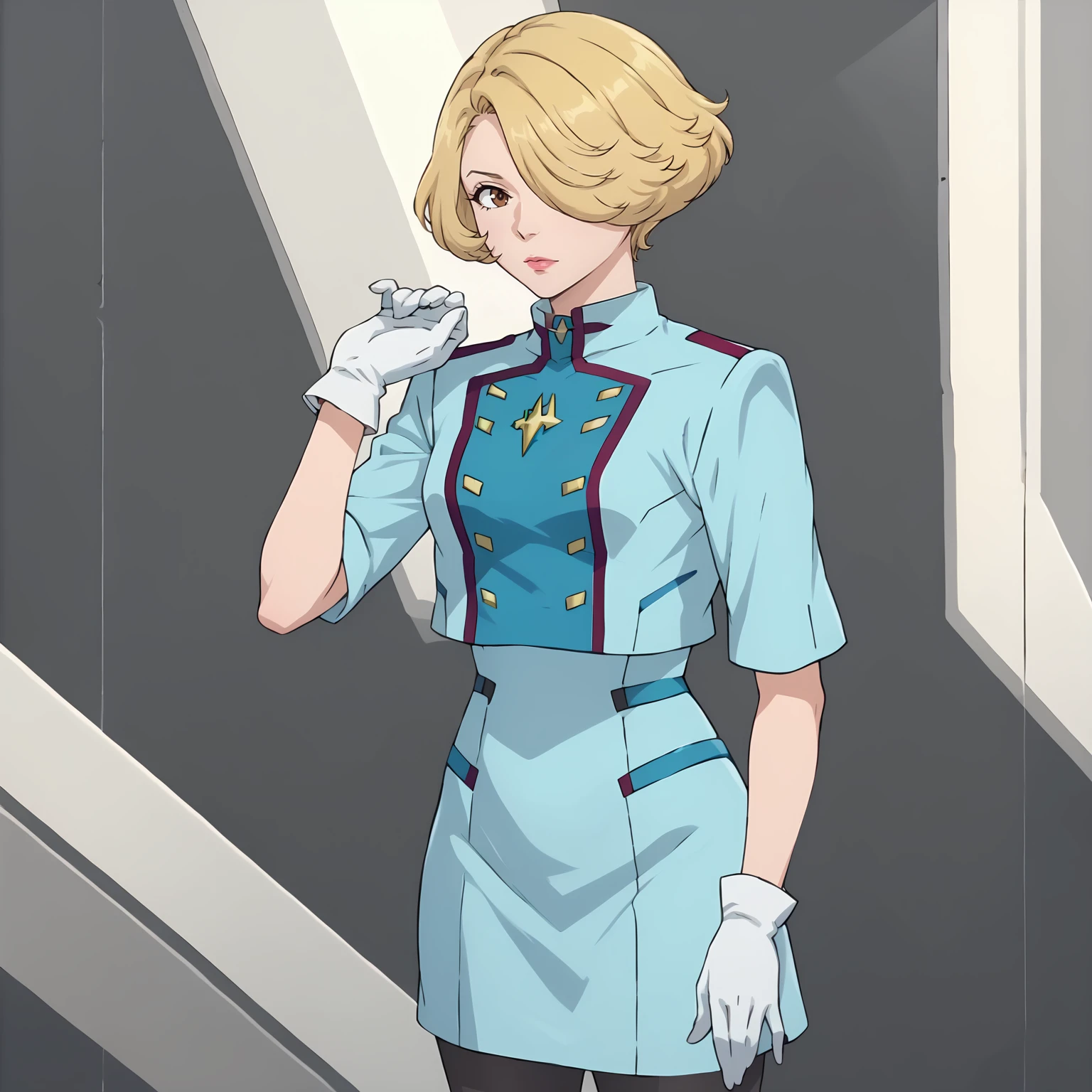 <lora:MaceFlowerXLpony001>,
solo,
MaceFlower,1girl,blonde hair,short hair,hair over one eye,brown eyes,
uniform,dress,blue jacket,cropped jacket,
white gloves,
tight skirt,blue skirt,black pantyhose,