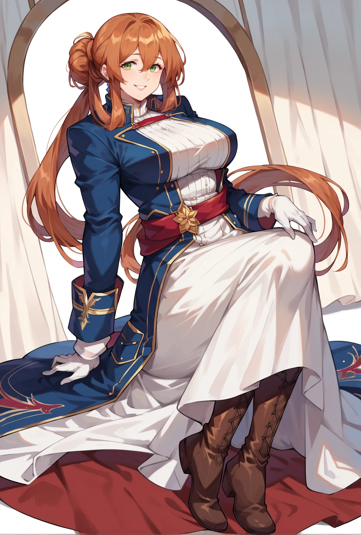 score_9, score_8_up, score_7_up, springmain,  1girl,  green eyes, auburn hair, <lora:springfield-pdxl:0.9>, , blue coat, white skirt, white gloves, knee boots, [long skirt],  red belt, large breasts, mature female, smile, (ponytail), hair bun, hair rings,  hair between eyes,