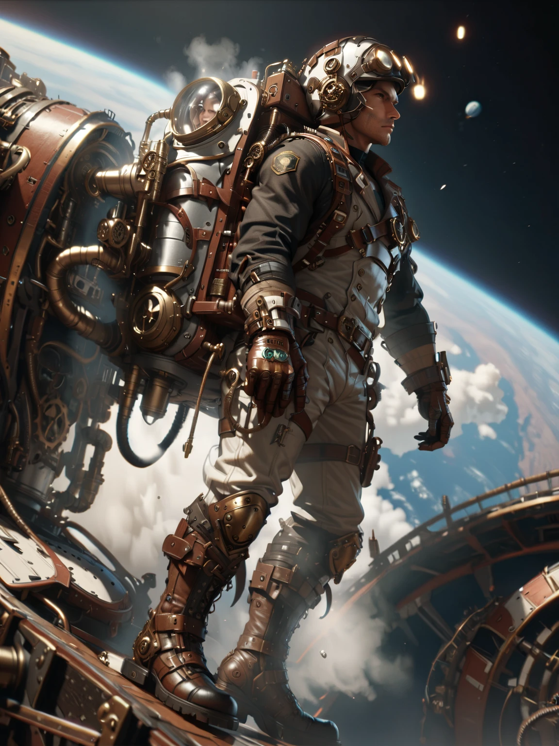 male astronaut in orbit of earth flying fast, steampunk, helmet, boots, gloves, backpack, mad-stpk-bts, mad-stpk_glvs, mad-stpk-bkpk, steam, grease, cinematic shot, dramatic lighting, (masterpiece:1.2), best quality, (hyperdetailed, highest detailed:1.2), high resolution textures