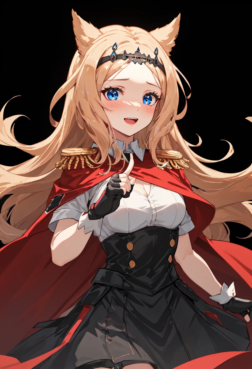 best quality, masterpiece, highres, solo, (archetto_arknights:1.10), 1girl, black dress, looking at viewer, red cape, black gloves, epaulettes, simple background, tiara, white background, medium breasts, blush, cowboy shot, open mouth, partially fingerless gloves, :d, upper body, 0 <lora:archetto_arknights:0.80>