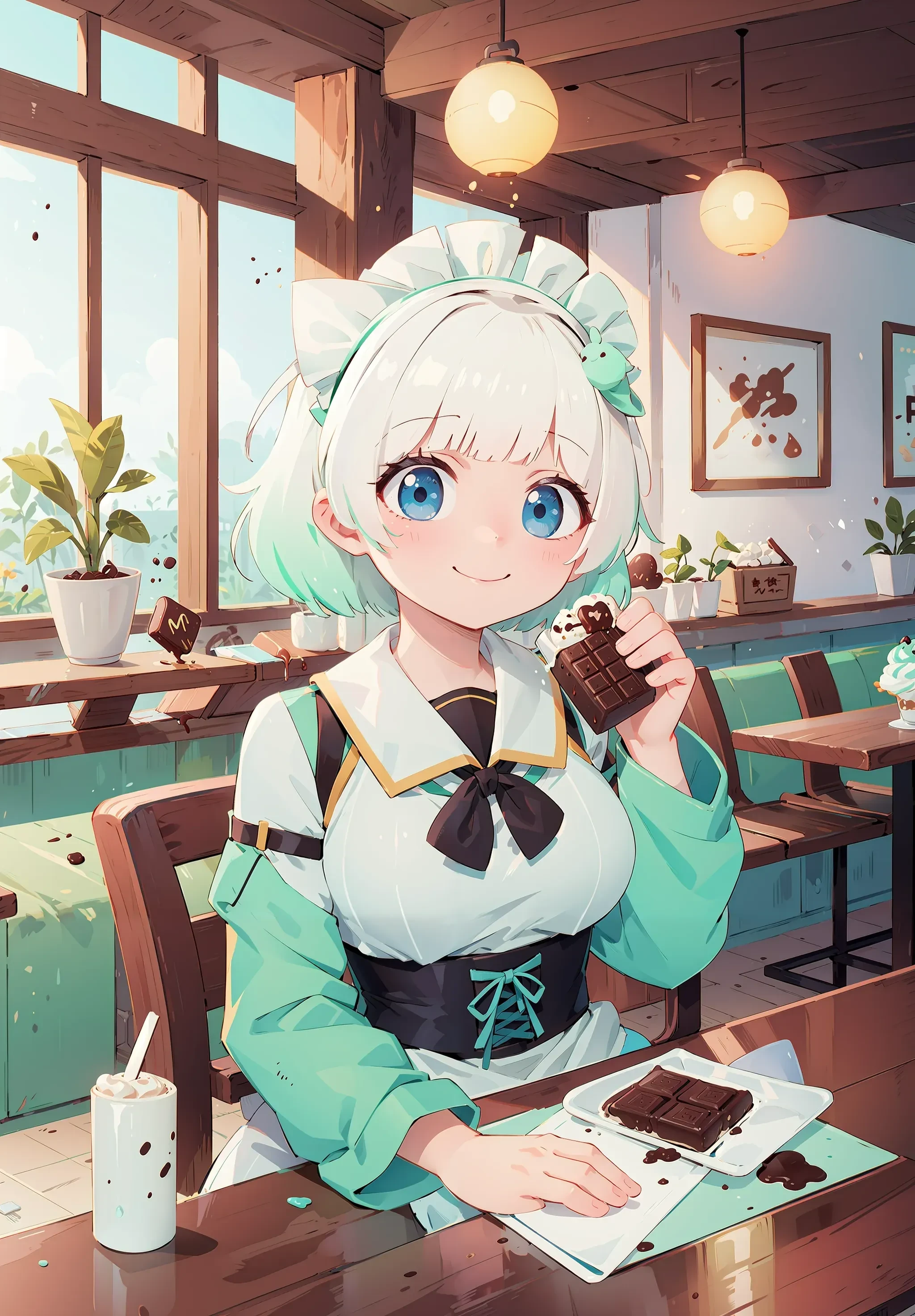 best quality,
mint fantome \(sailor\),
maid headdress, white hair, gradient hair,
cafe, interior, smile, eating, mint chocolate, sitting,
<lora:char_mintfantome-sd15:1>