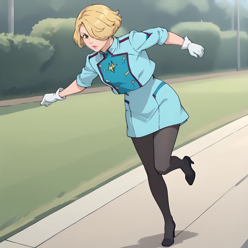 <lora:MaceFlowerXLpony001>,
solo,
MaceFlower,1girl,blonde hair,short hair,hair over one eye,brown eyes,
uniform,dress,blue jacket,cropped jacket,
white gloves,
tight skirt,blue skirt,black pantyhose,
high_heels,
full body,running,