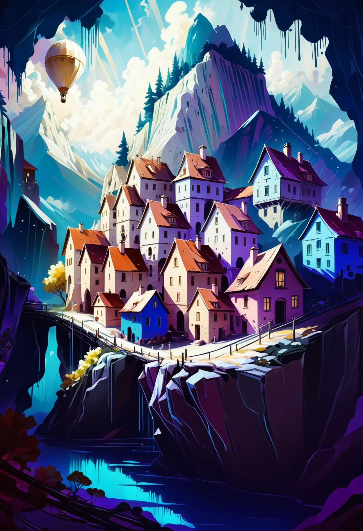 Soft digital brushstrokes evoke a sense of wonder and magic in this artwork depicting a mountain side hamlet that exists beyond the beginning of time. The village appears to be a fusion of scifi and fairytale elements, with floating buildings and structures made from crystal and iridescent materials. The color palette consists of soft pastels and cool shades of blue and purple, creating a peaceful and calming atmosphere. The villagers appear to be young and carefree, embodying the spirit of complete youth. This image is done in a mixed media style, combining digital painting with traditional watercolors and inks.