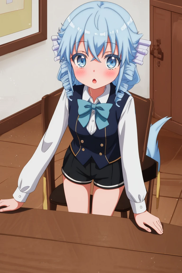 masterpiece, 8k, absurdres, 
 <lora:Fa__SD1.5:0.7> fa, 1girl, tail, solo, blue eyes, blue hair, bow, looking at viewer, shorts, bowtie, blush, drill hair, black shorts, open mouth, :o, + +, long sleeves, table, chair, monster girl, indoors