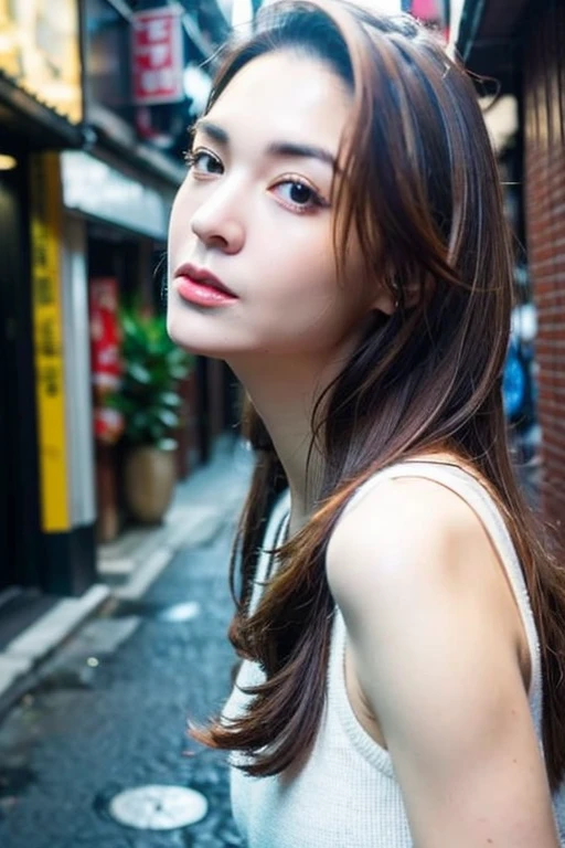 Best quality,masterpiece,ultra high res,photorealistic,1girl,slim body,taipei street alley,dynamic pose,face closeup,depth of field,<lora:sandrine_pinna:1>,brown hair,