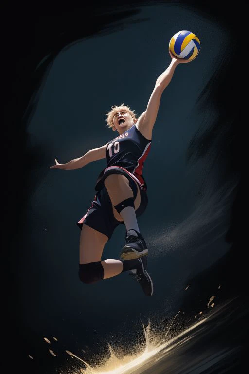 Spike, volleyball, jump sky high, attack, dynamic, solo player, color, dark background