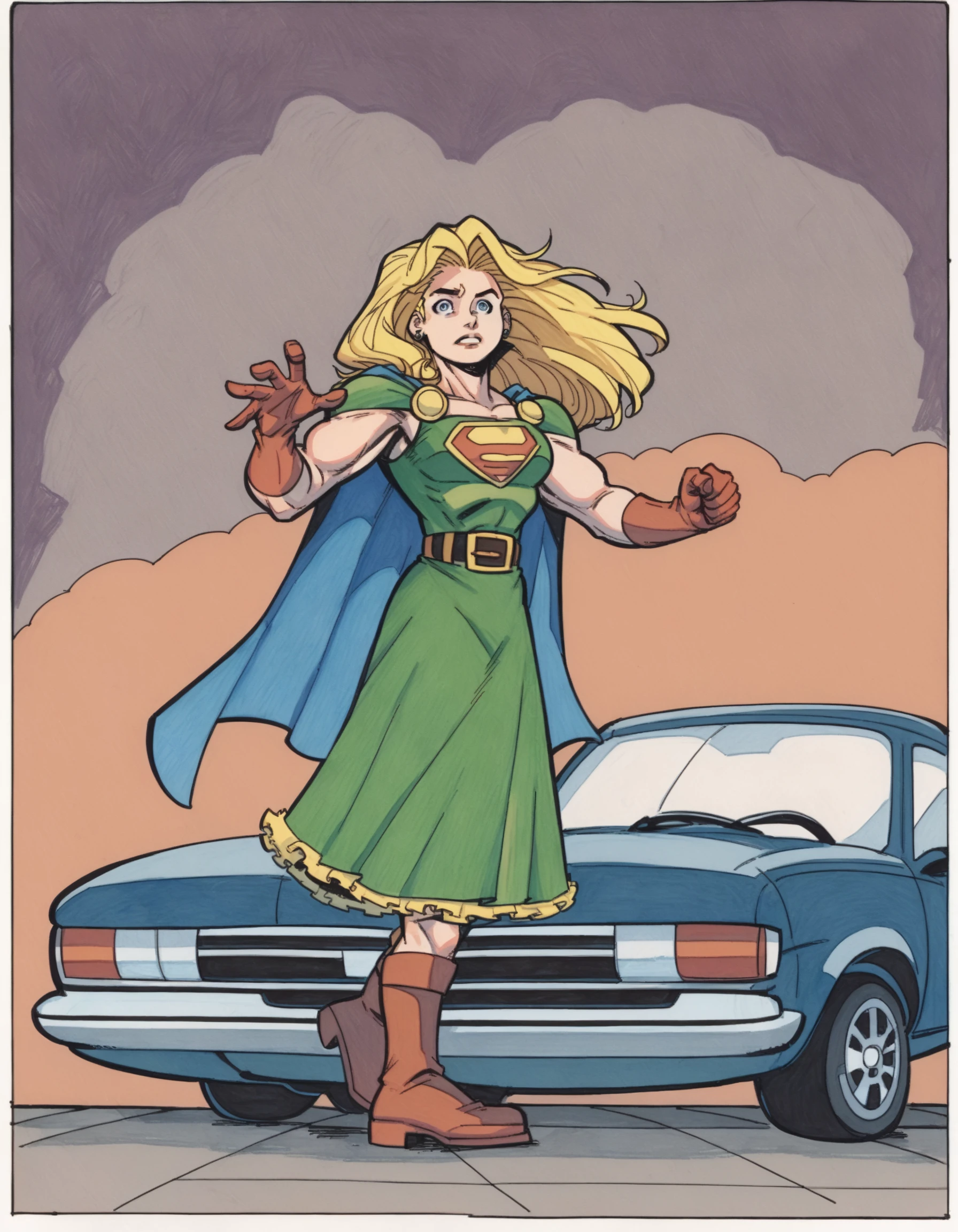 Ringo! Style, 1girl, blonde hair, boots, cape, car, dress, gloves, muscular, ringo! style, solo, traditional media, PnyCmicXLPOS, <lora:RingoStylePonyXL:1>