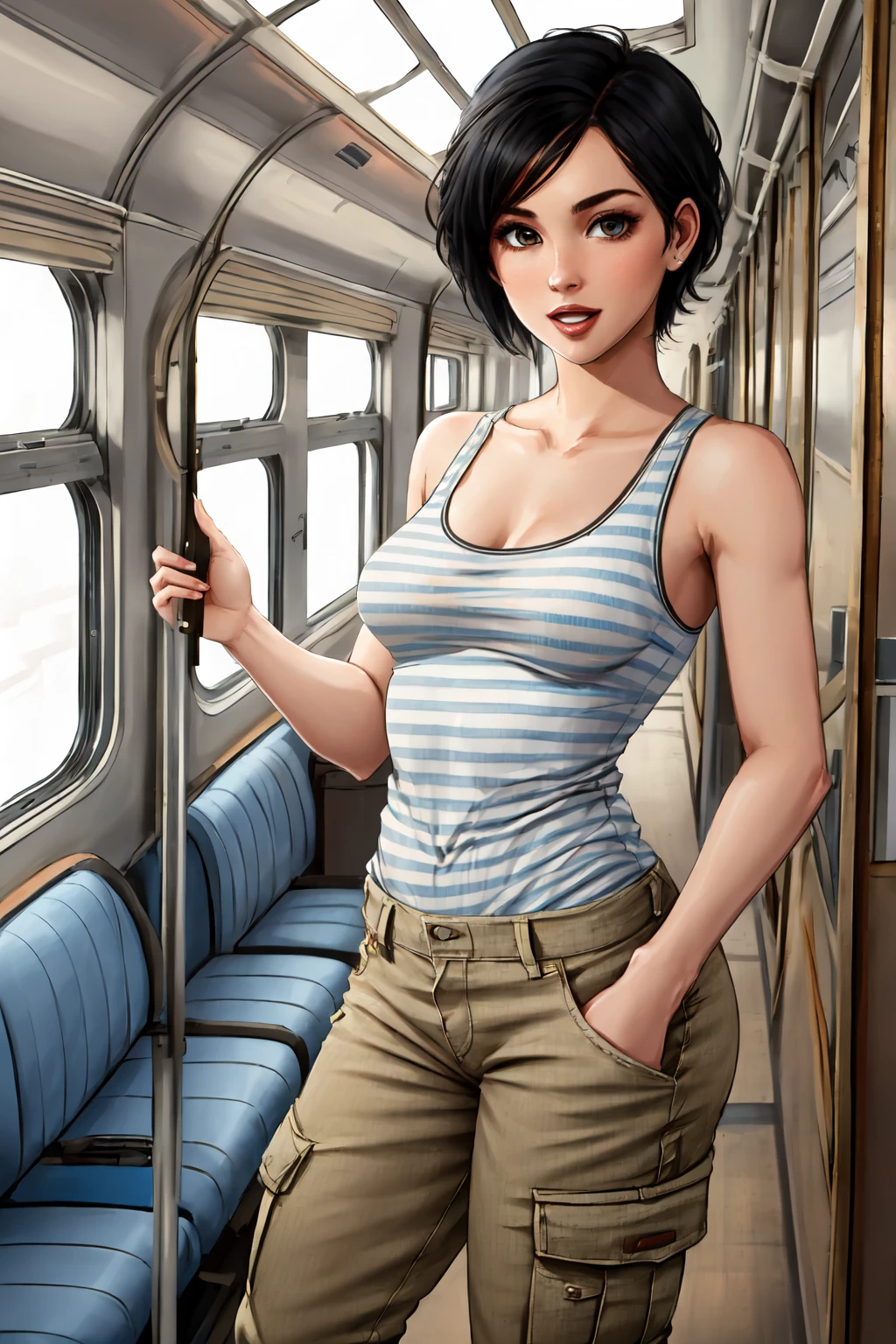 masterpiece,best quality,absurdres,1girl,annametro,<lora:AnnaMetro15:0.8>,standing,happy,:d,tank top,striped,indoors,in railroad car,pants,black hair,small breasts