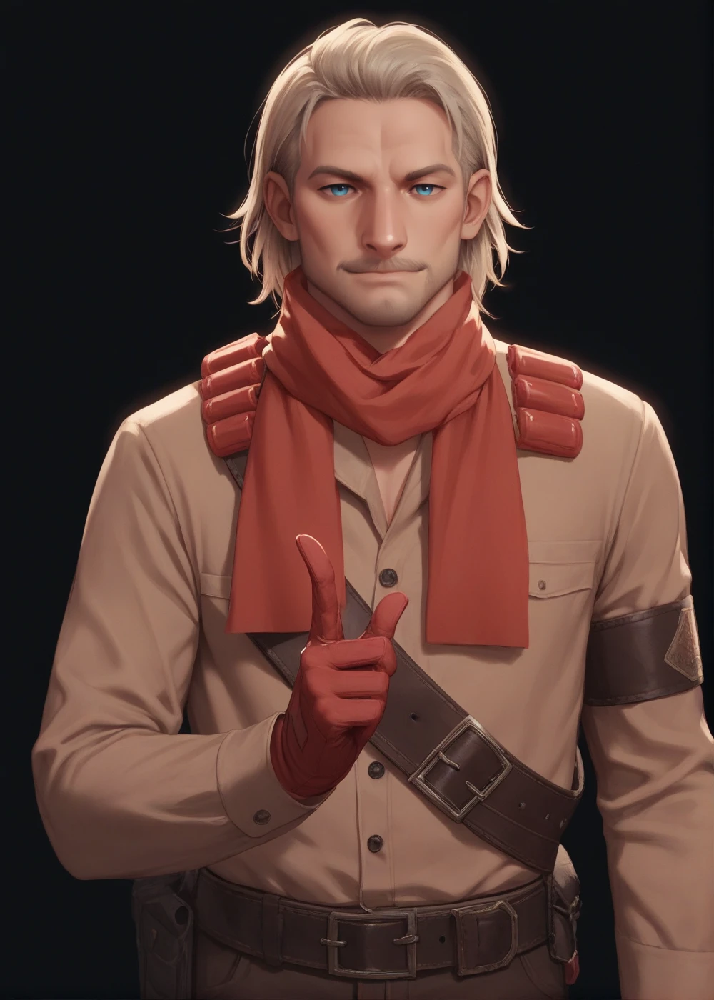 upper body, finger pistols gesture, black background,<lora:Revolver_Ocelot:0.8> ocelot, facial hair, red scarf, medium hair, blue eyes, khaki shirt, belt, red gloves, brown pants, looking at viewer,, BREAK score_9, score_8_up, score_7_up, score_6_up, score_5_up,