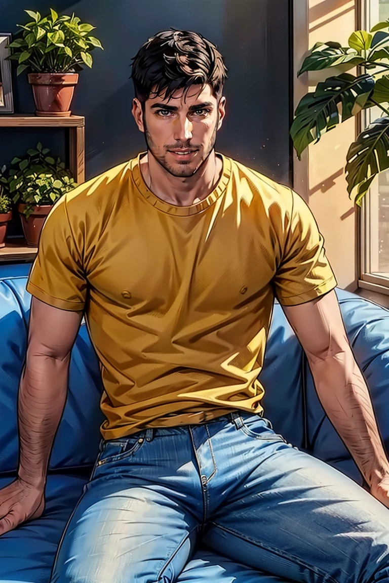 1guy, (yellow t-shirt), denim pants, ,serious, thick legs, spread legs, short guy, facial hair, sitting, smirk, at the couch, seducing, looking to viewer, natural lighting, detailed face, detailed eyes, masterpiece, high_res, perfect face, , High detailed, mattrh<lora:EMS-335313-EMS:1.000000>