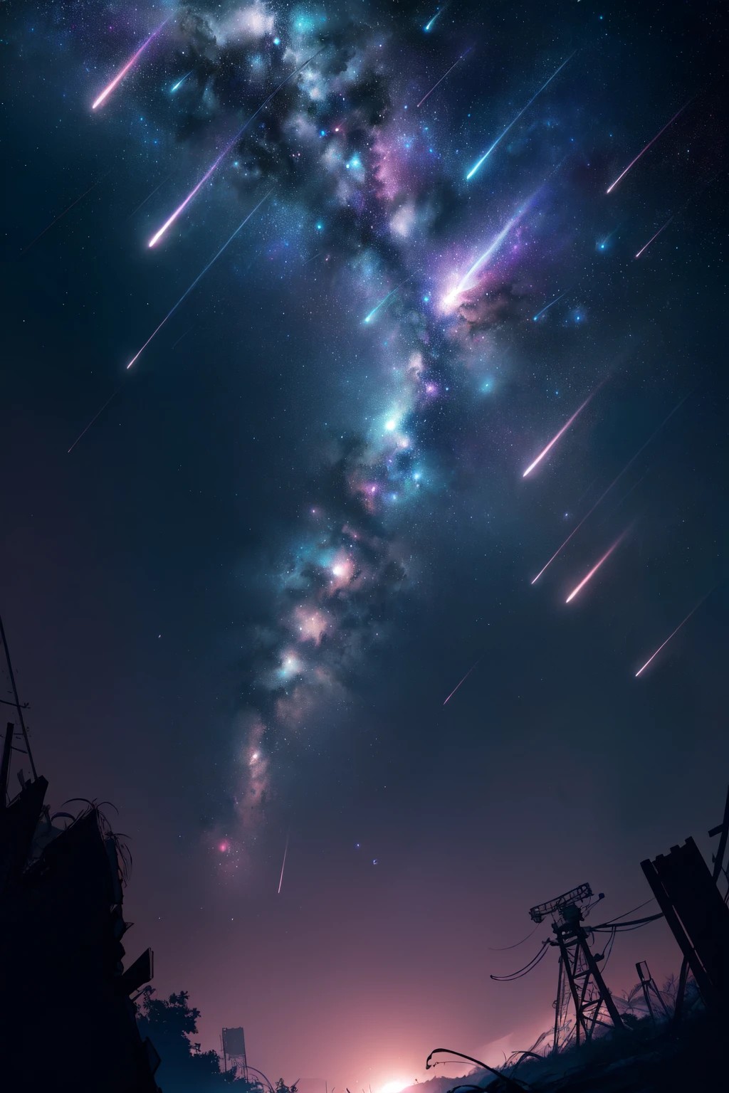 (extremely detailed CG unity 16k wallpaper, hyper detailed, delicate background, depth of field,ultra high res:1.3), (dark night:1.1),
(stars in the sky:1.2), 
 <lora:meteorshower:0.6> (dense meteor, dense colorful meteor shower,dense shooting stars falling down :1.2)