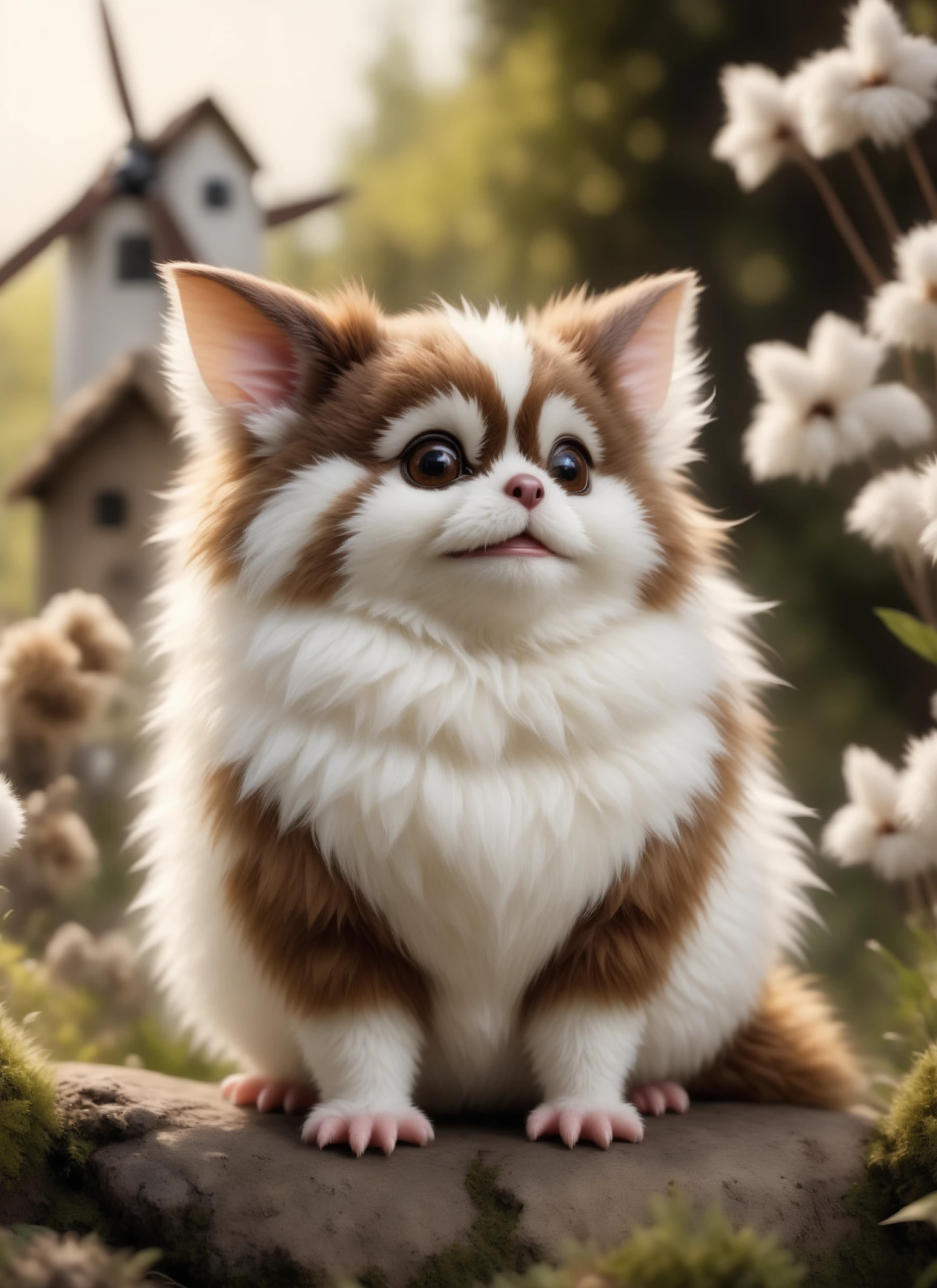 realistic 8K raw photography, (Playful brown and white mgln:1.3), Minimalist composition, Fluffy tail, (Cream Velvety fur:1.2), Toy mouse, Elegant curves, Soft whiskers, (Cozy corner:1.4), (Windmills in Countryside:1.3)