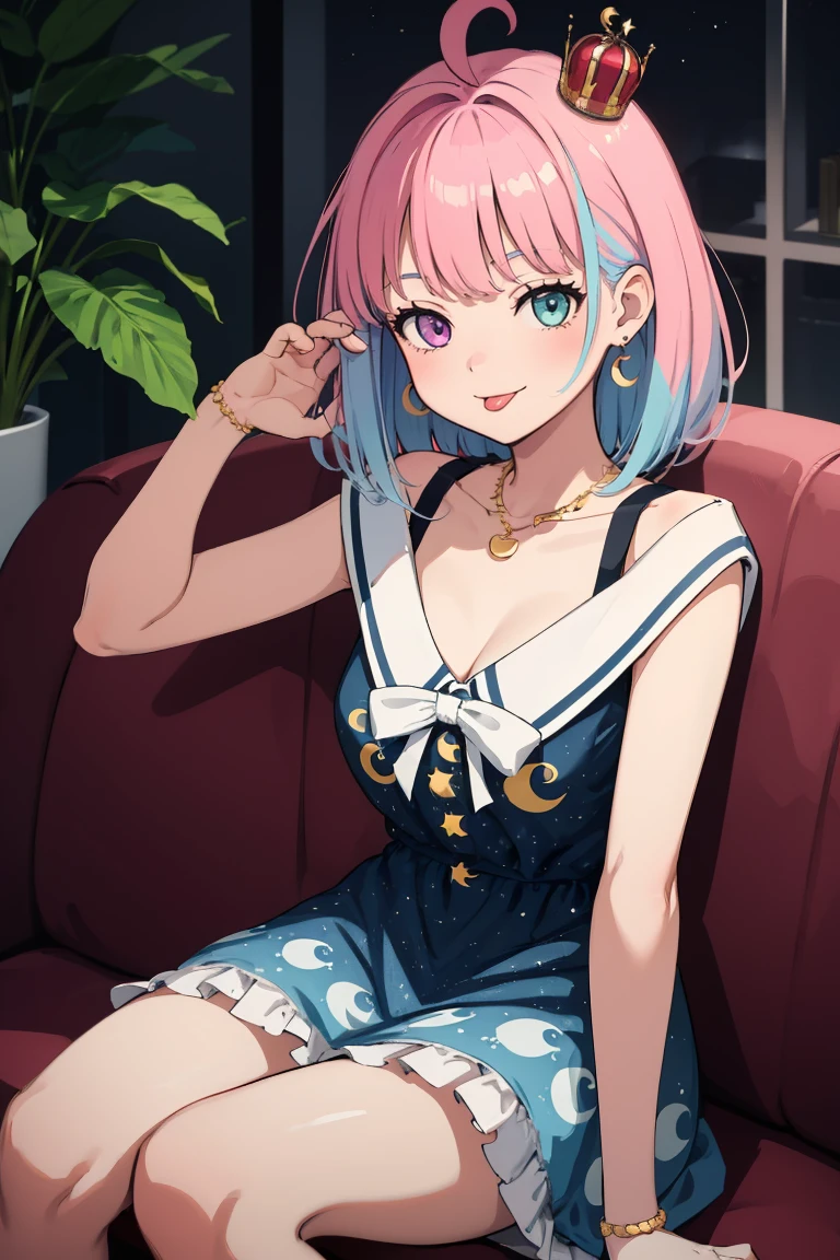 masterpiece, best quality, absurdres, 1girl, solo, LunaSailor, heterochromia, medium hair, mini crown, earrings, necklace, white sailor collar, blue dress, off-shoulder dress, star print, bracelet, indoors, sitting, on couch, smile, :p, tongue out, playful, cute, <lora:HimemoriLuna:1>