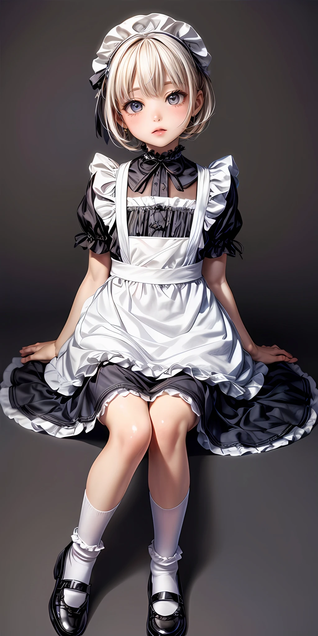 (masterpiece,ultra-detailed,best quality,8K,CG,illustration,shaved:1.0),(ite girl:1.0) <lora:more_details:1>, simple background,
<lora:jyoji fuku v18.0:0.6> jyojifuku, socks, frills, apron,shoes,sitting