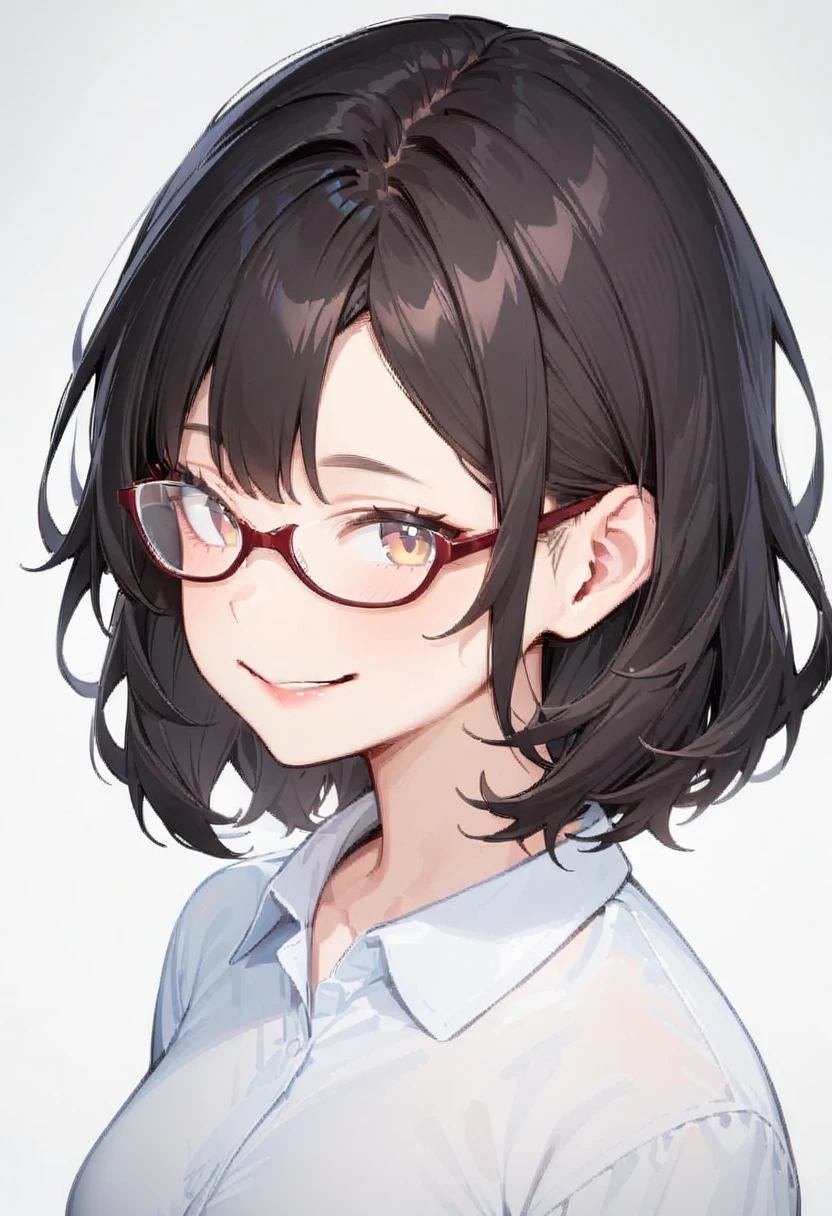 masterpiece, best quality, very aesthetic, absurdres,
1girl, solo, underrim_cell, glasses, black hair, medium hair, smile, looking at viewer, white background, upper body, collared shirt, red-framed eyewear, 
 <lora:under_rim_glasses_cell-frame_SDXL_V1:0.8>