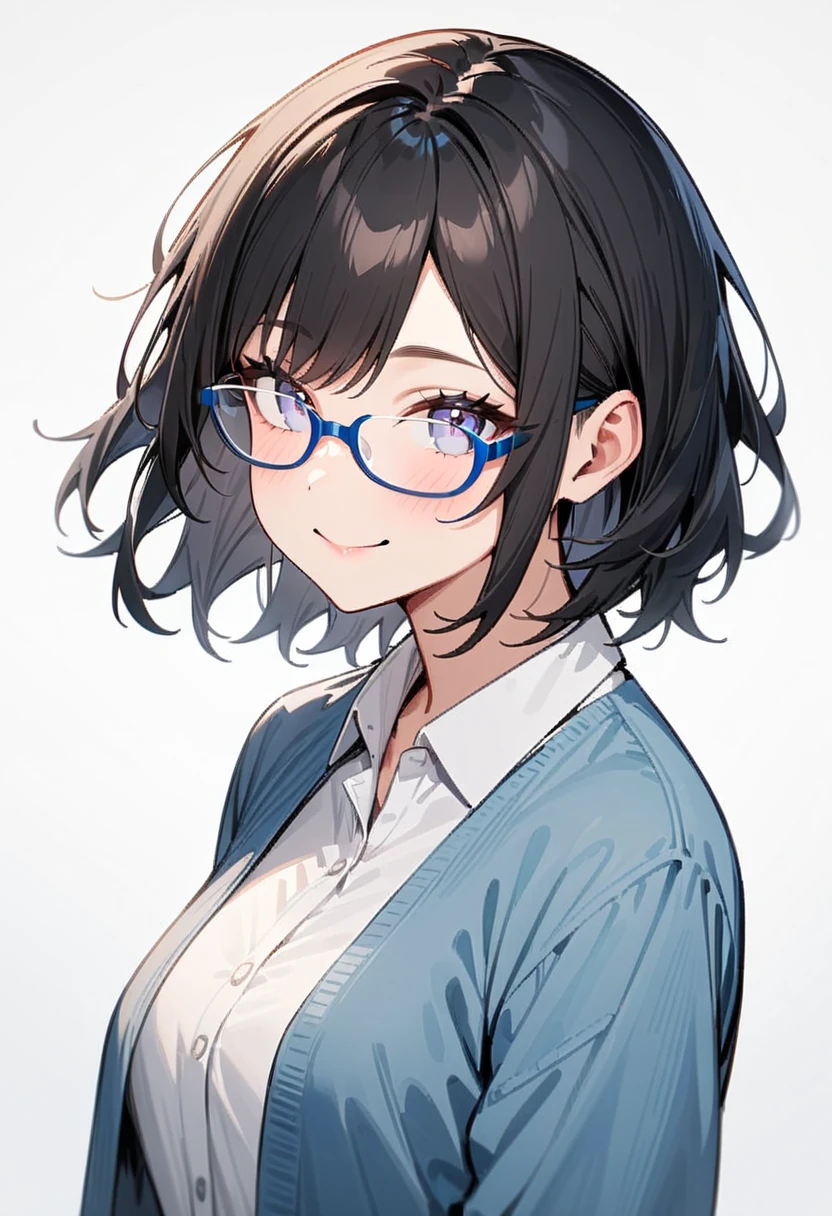 masterpiece, best quality, very aesthetic, absurdres,
1girl, solo, underrim_cell, glasses, black hair, medium hair, smile, looking at viewer, upper body, collared shirt, blue framed eyewear, 
white background, simple background, 
 <lora:under_rim_glasses_cell-frame_SDXL_V1:0.4>