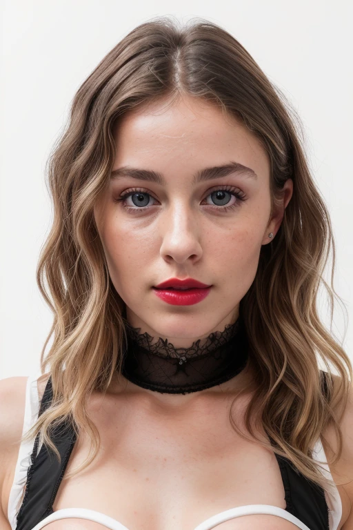 Generate a selfie prompt with the following details: a girl with big lips, long messy hair, wearing a cute top, pajamas, and a belly button ring. The girl should have beautiful blonde hair and appear sad, with a combination of licking her lips, crying, and a sexy expression. choker necklace