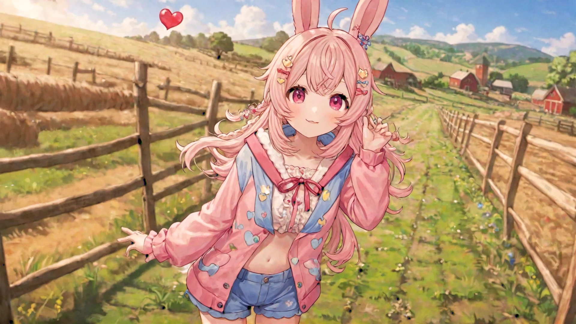 pippa, :3 rabbit ears, bangs, closed mouth, rabbit girl, sleeves past wrists, solo, twin braids, virtual youtuber, ahoge, pink eyes,
pipi hairclip, heart hairclip, bow hairclip, bunny hairclip, red bow hairclip, tiny heart hairclip,
(shorts, sundress)
((full body, ranch, farmland))
(((best quality, ultra-detailed, shading, sharpness, volumetric lighting, cowboy shot)))
 <lora:PIPPA-XL-t9-000001:0.6>