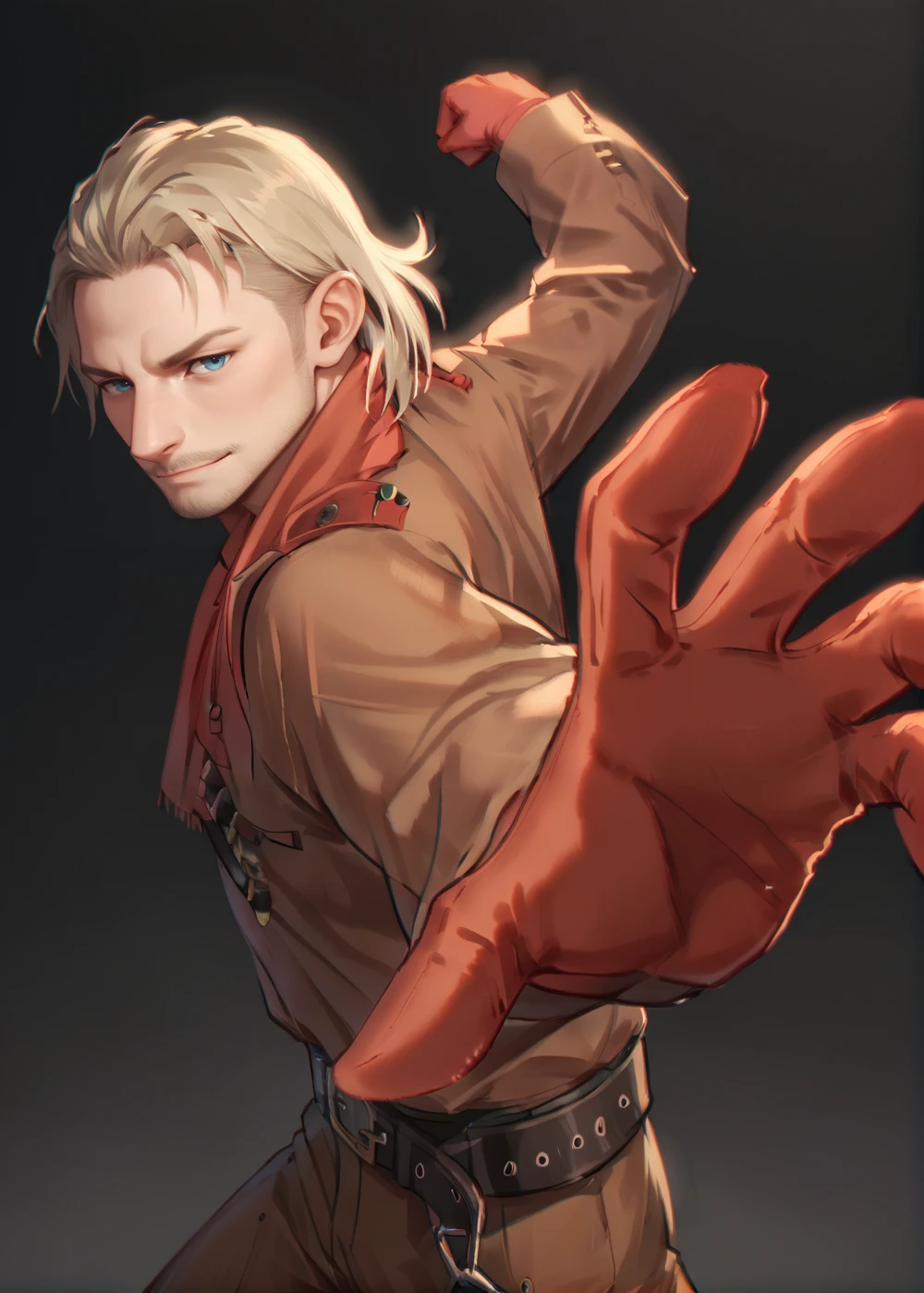 pepe punch pose, black background,<lora:Revolver_Ocelot:0.8> ocelot, facial hair, red scarf, medium hair, blue eyes, khaki shirt, belt, red gloves, brown pants, looking at viewer, <lora:xl_XL_pepe_punch(pony)3:1>, BREAK score_9, score_8_up, score_7_up, score_6_up, score_5_up,