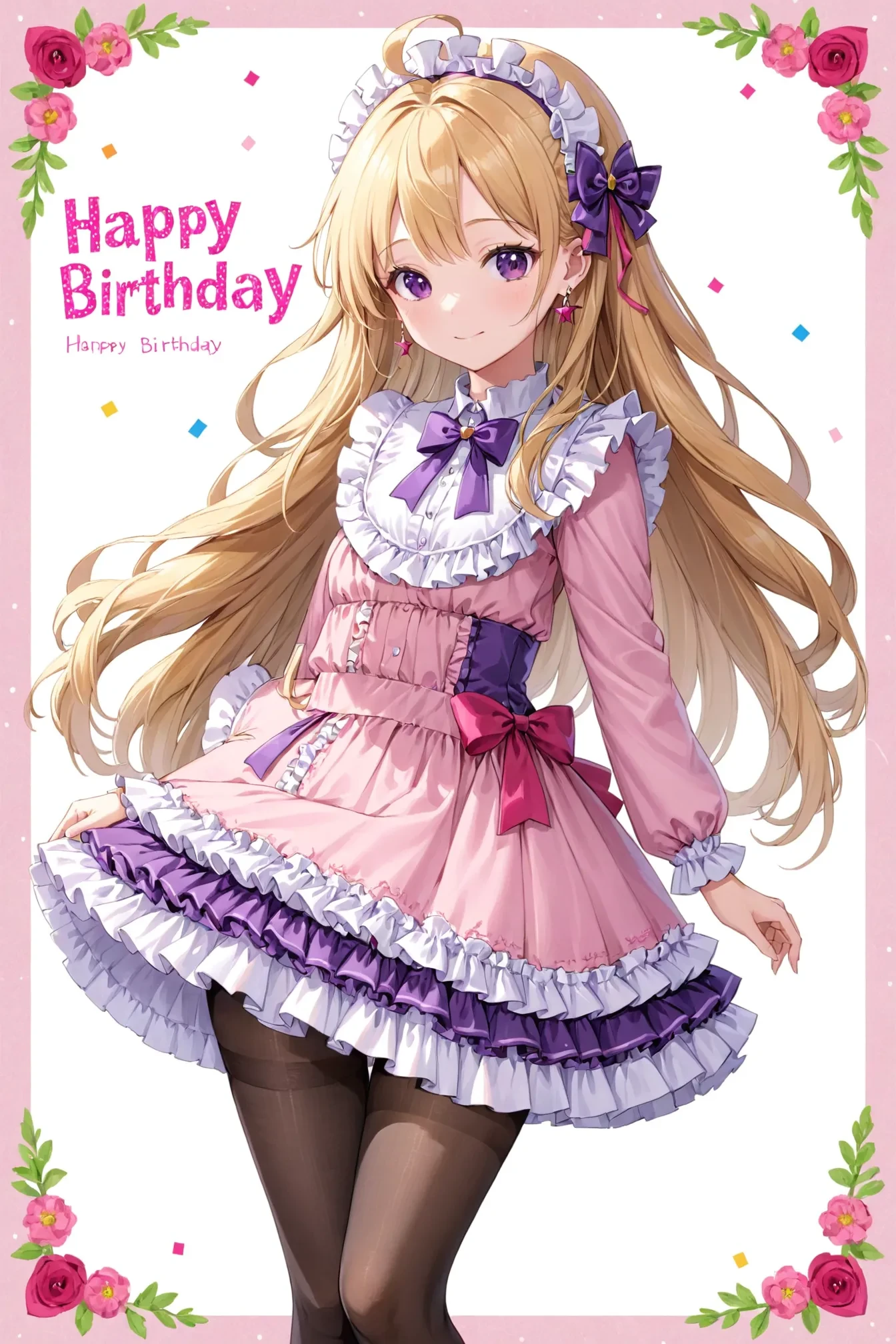 1girl, solo, , ahoge, blonde hair, cape, cowboy shot, dress, earrings, frilled dress, frills, hair ornament, happy birthday, jewelry, long hair, long skirt, pantyhose, pink ribbon, purple eyes, ribbon, skirt, thighhighs, zettai ryouiki
