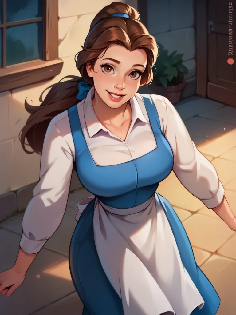 score_9, score_8_up, score_7_up, score_6_up, BelleXLP, 1girl, blue dress, white shirt, white long sleeves, long hair, ponytail, bow, white apron, curvy, huge breasts, narrow waist, wide hips, thick thighs, looking at viewer, dynamic angle, cowboy shot, cartoon, dynamic pose, smile, cute, wide shot, realistic, from above, sexy, village, 
<lora:BelleXLP_Character:1>
