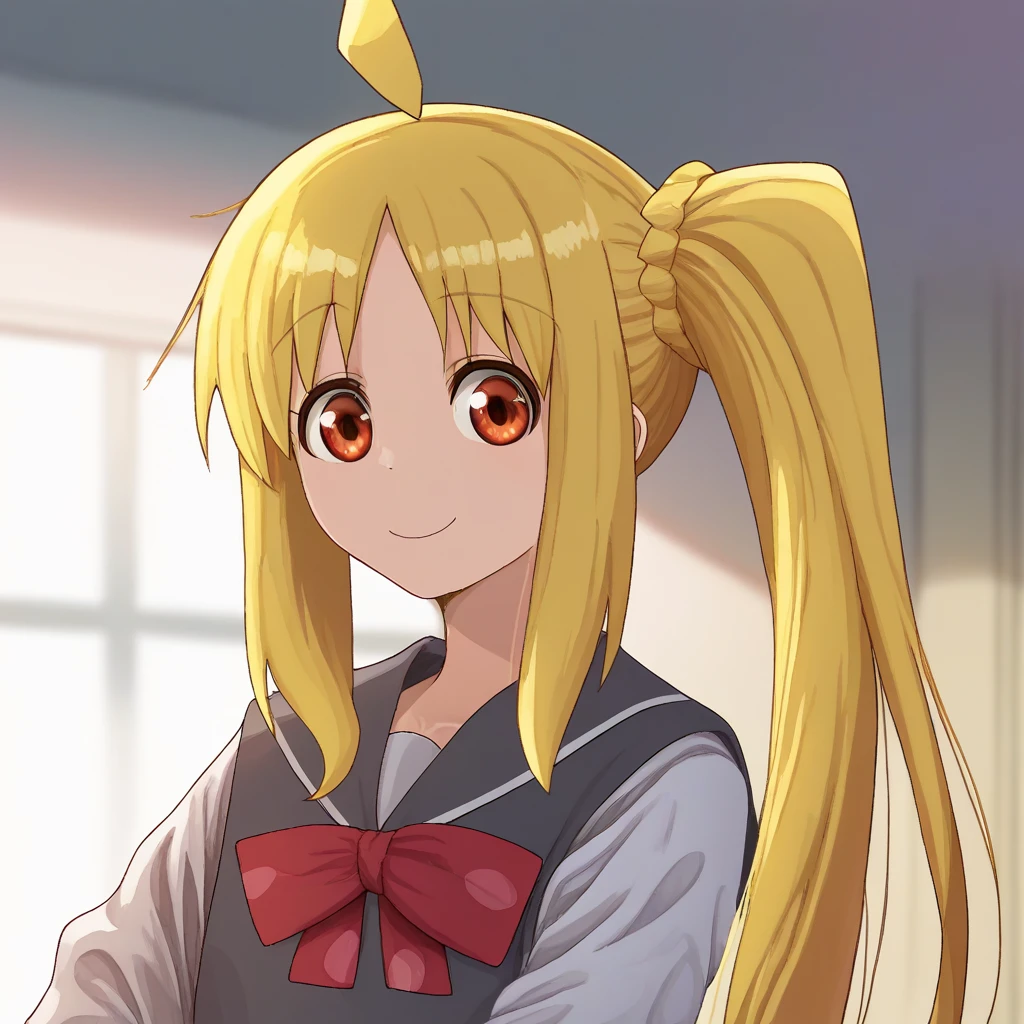 nijika ijichi, 1girl, solo, yellow hair, long hair, sidelocks, side ponytail, school uniform, smiling, upper body, :p, skirt