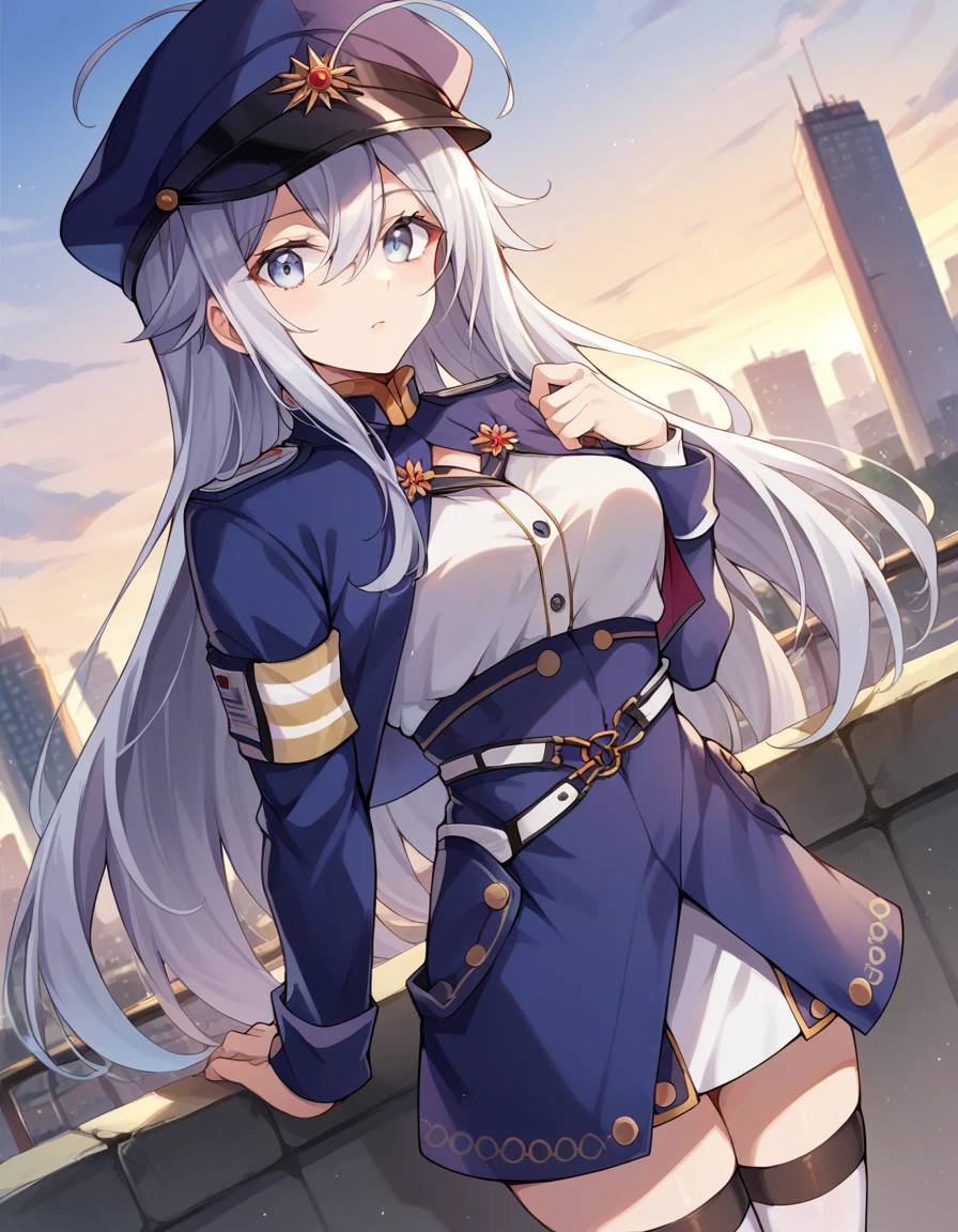 score_9, score_8_up, score_7_up, source_anime,
vladilenamilize, <lora:vladilena-milize-ponyxl-lora-nochekaiser:1>,
vladilena milize, grey eyes, grey hair, hair between eyes, long hair, ahoge,
blue headwear, blue jacket, blue skirt, hat, jacket, military, military hat, military uniform, peaked cap, shirt, skirt, thighhighs, uniform, white shirt, white thighhighs,
outdoors, cityscape,
looking at viewer, dutch angle, cowboy shot,