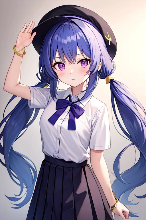 henshin pose, hat, pleated skirt, very long hair, closed mouth, twintails, blue hair, ribbon, purple eyes, white shirt, jewelry