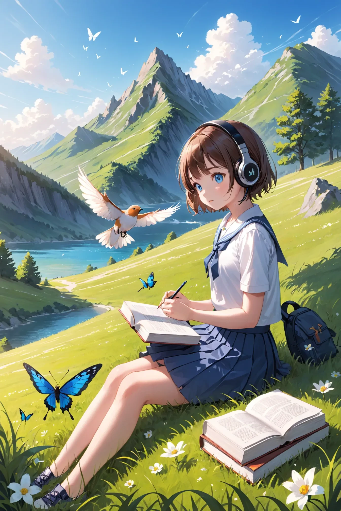 1girl, solo, outdoors, animal, blue eyes, book, brown hair, grass, skirt, bird, school uniform, nature, butterfly, mountain, sky, day, flower, short hair, sitting, headphones, bug, cloud, scenery, masterpiece, best quality