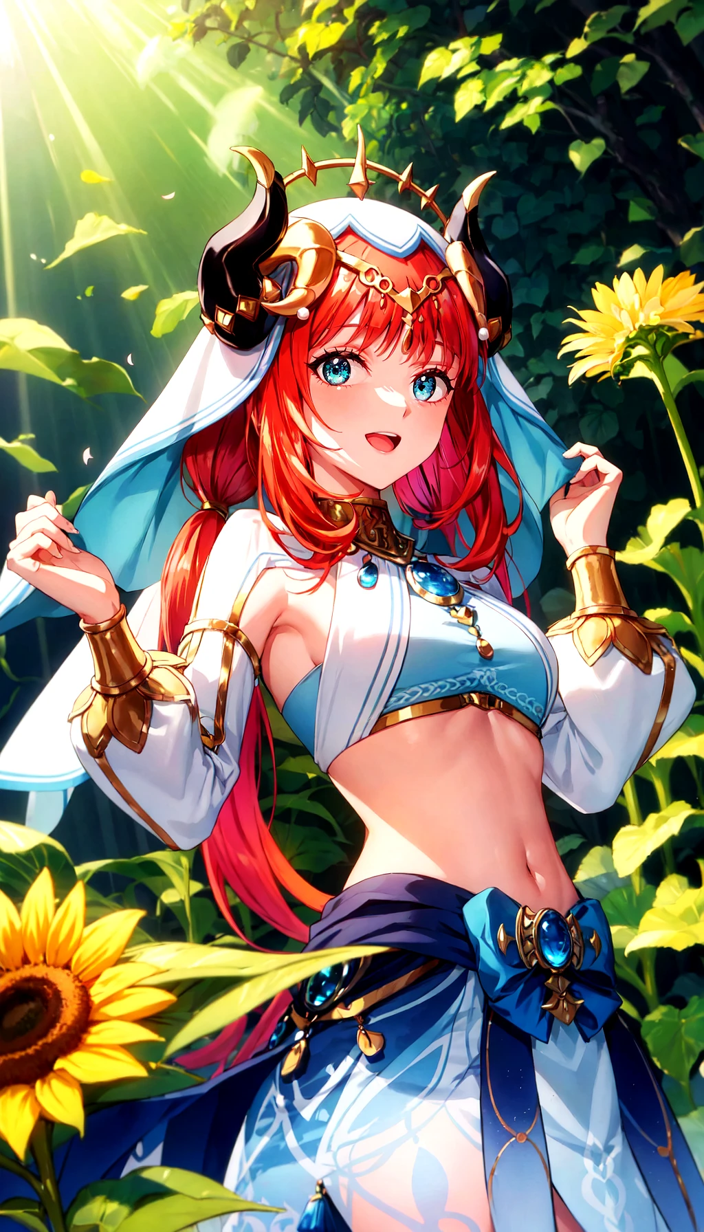 hands up,looking at viewer,upper body,<lora:nilou:1>,1girl,:d,(from below:1.2) dutch angle dynamic pose,dancing,moving rapidly,beautiful,elegant,nilou (neither flower nor mist) (genshin impact),aqua eyes,fake horns,red hair,long hair,crop top,jewelry,horns,veil,bracer,brooch,long sleeves,puffy long sleeves,skirt,bangs,twintails,puffy sleeves,neck ring,gold trim,parted bangs,circlet,blue skirt,hair ornament,detached sleeves,low twintails,floating hair,gem,blue gemstone,dancer,white headwear,midriff,very long hair,around the garden,flowers,butterflies,sunlight,sunflowers,lilies,roses,nature,petals,lens flare,
((extremely glossy)),((glossy skin)),((soft reflective skin)),wide shot,