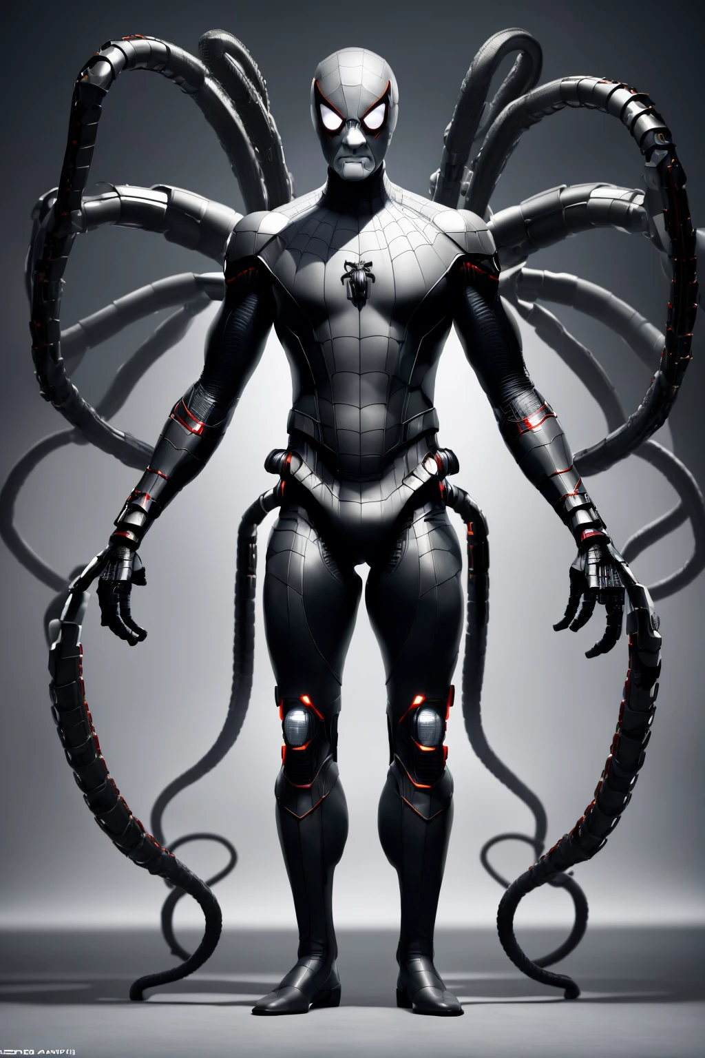 fullbody,standing,close up best quality,masterpiece,(realistic:1.2),HDR,UHD,8K,best quality,realistic,spiderman, ink, black suit, red pants, grey, photorealistic, floating above city, arms crossed , Mechanical limbs <lora:Mechanical_limbs_LyCORIS:1>