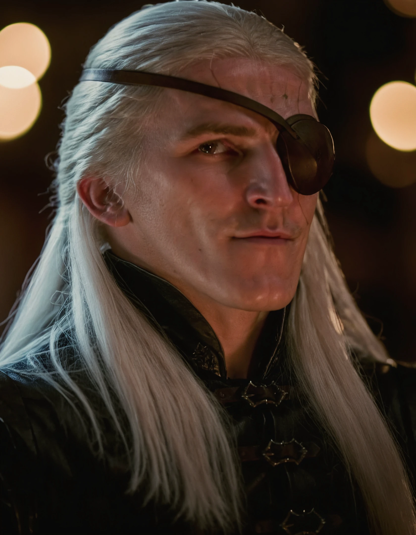 high resolution photo of a3m0nd man with long white hair,close-up,he is wearing dark outfit,volumetric lighting and bokeh,the background is highly detailed,the shot is cinematic