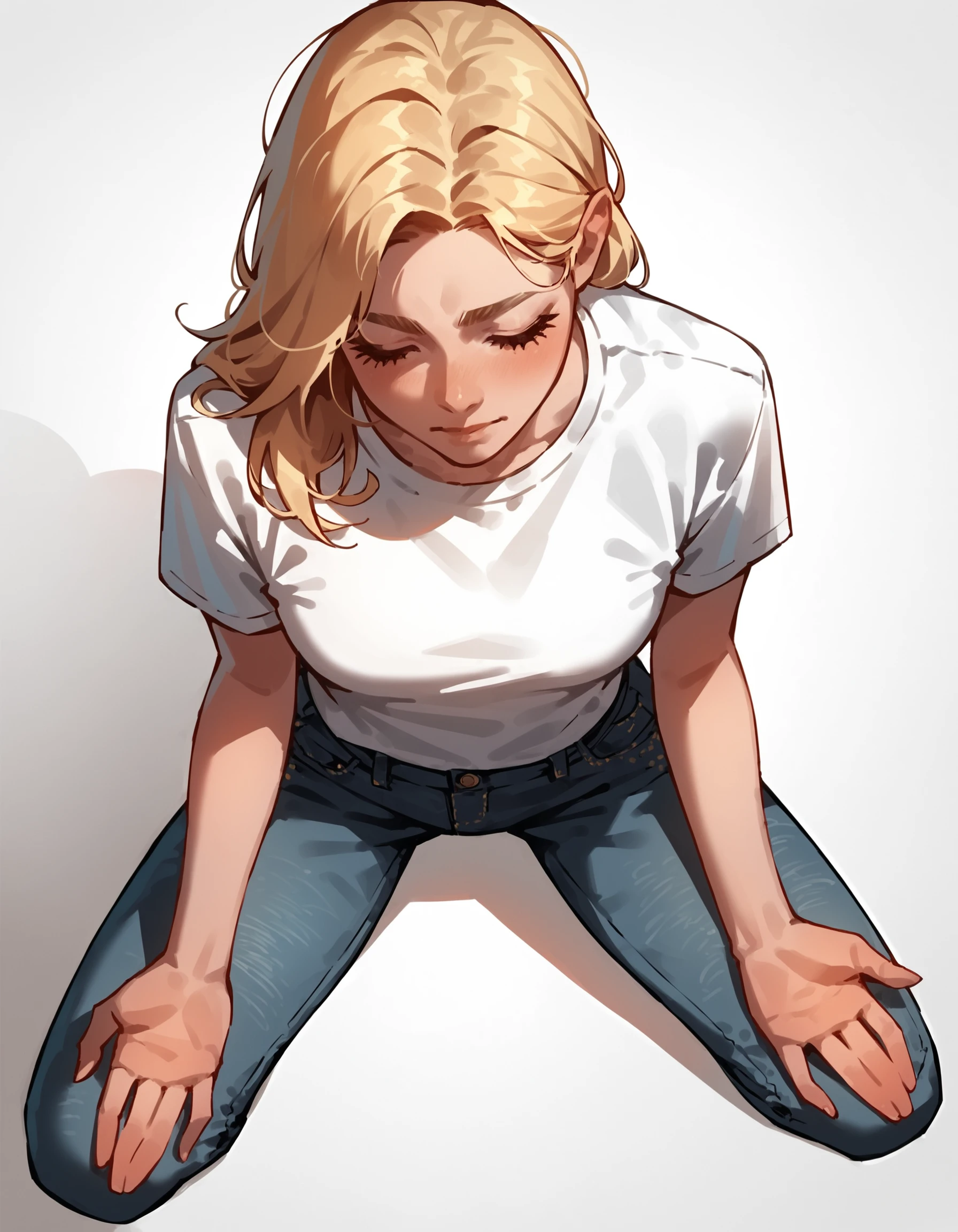 score_9, score_8_up, score_7_up, score_6_up, score_5_up, score_4_up, 1girl, white background, white shirt, kneeling hands on thighs, denim pants, lineart, source_anime, smooth outline, blonde hair, facing viewer, from above, spread legs