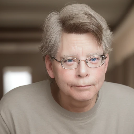 1boy, solo, steking, old, glasses, looking at viewer, focus on face, portrait, confused, blurred background, romantic interior,  <lora:Stephen_King:1>