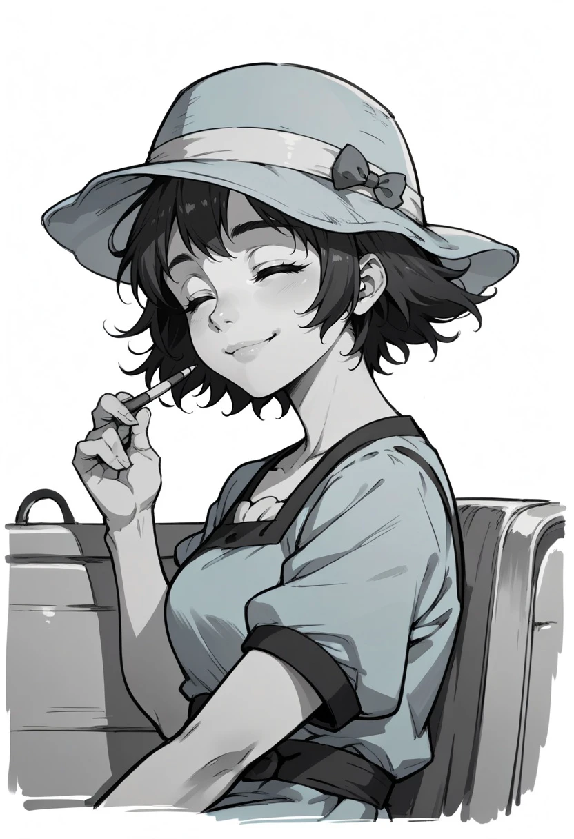 score_9, score_8_up,score_7_up, source_anime,pencil drawing, sketch, shiina mayuri, hat, blue dress, short sleeves, smiling, closed eyes, sitting on bus, looking at viewer, from side, solo, monochrome,
 <lora:Potat-pencil_drawing_sketch_v1-USENEG:-1> ,
 <lora:steinsgate_shiina_ponyXL:0.8>