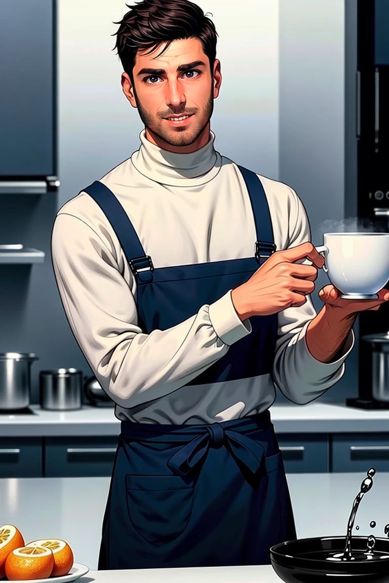 (masterpiece, best quality:1.2), man, smirk, (depth of field:1.1), photo of person, turtleneck shirt, apron, bara, kitchen,((medium shot)), holding cup of water, masterpiece, highness, perfect face, perfect picture, detailed eyes, sharp focus,High detailed view<lora:EMS-335313-EMS:1.000000>