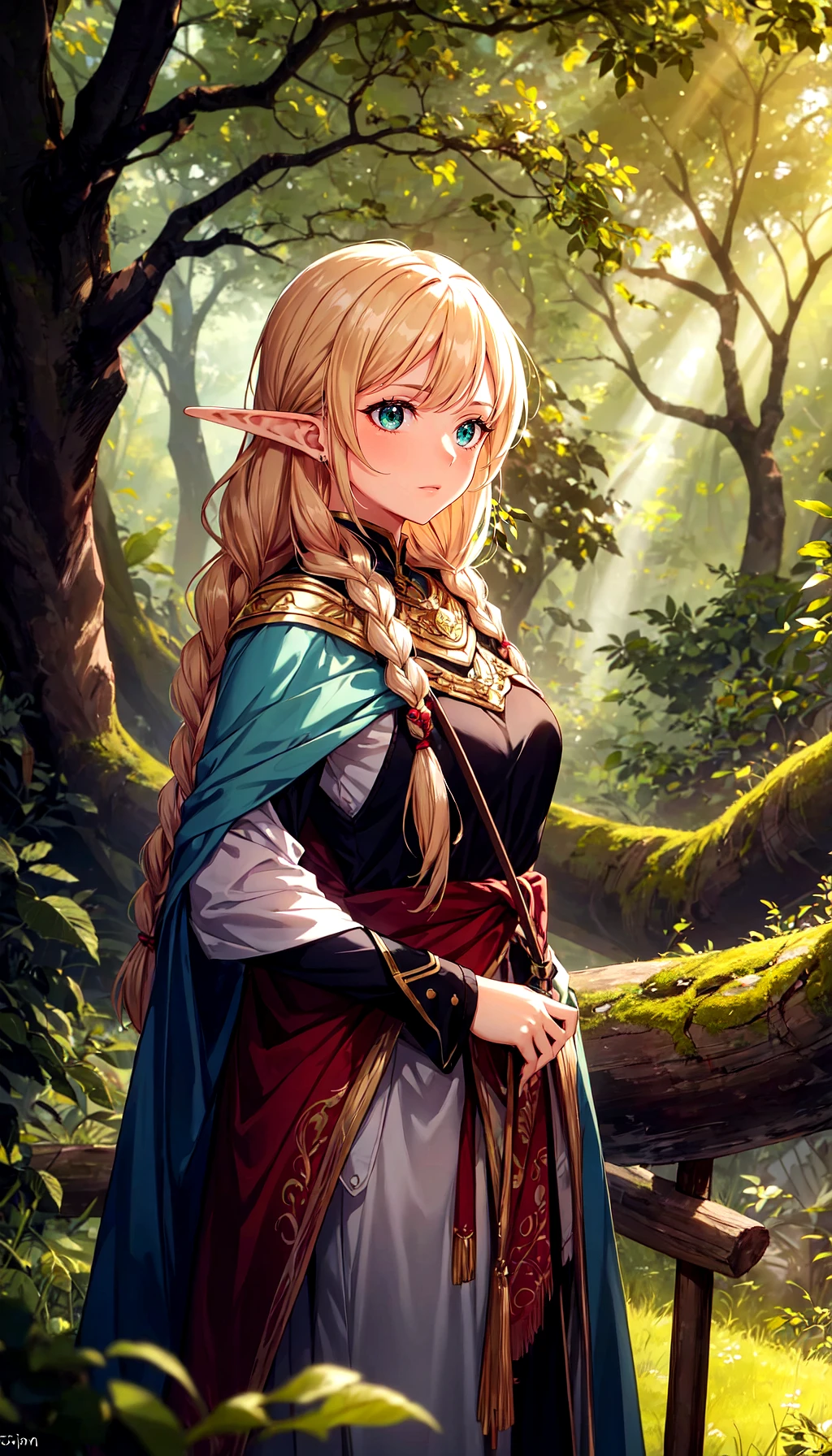 An elven archer stands with elegant precision from side amidst a sun-dappled forest clearing. Her emerald eyes focus intently on an unseen target,brows furrowed in concentration. Cascading waves of chestnut hair spill over her shoulders,adorned with intricate elven braids. Clad in supple leather armor,adorned with nature-inspired motifs,she exudes a sense of harmony with her surroundings. A quiver of feathered arrows hangs at her side,each meticulously crafted. Behind her,ancient trees rise majestically,their gnarled branches reaching towards the sky. The air hums with the tranquil melody of the forest,echoing her poised determination. BREAK 1girl,aiming,dynamic angle,focused expression,chestnut hair,elven braids,leather armor,forest,sunlight,poised,determined,emerald eyes,nature motifs,quiver,tranquil atmosphere,foliage,precision,elegant,ancient trees,fantasy,sunlight filtering through trees,dappled light,concentration,elven,majestic,masterpiece,best quality,very aesthetic,absurdres,