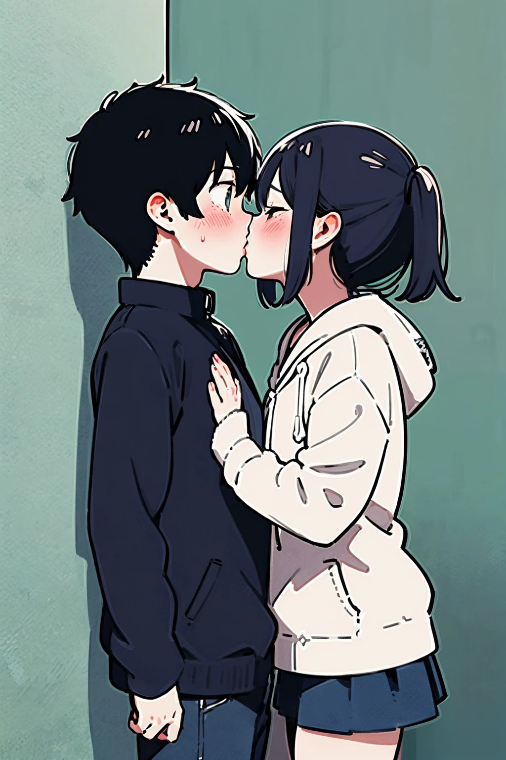 fdom_awall_2a, 1boy and 1girl, Side view, Standing, Kissing, Grabbing another's body, Kabedon, against wall, blushing, <lora:f594c4e3-0963-4032-8c87-8c8f70600046:0.7>