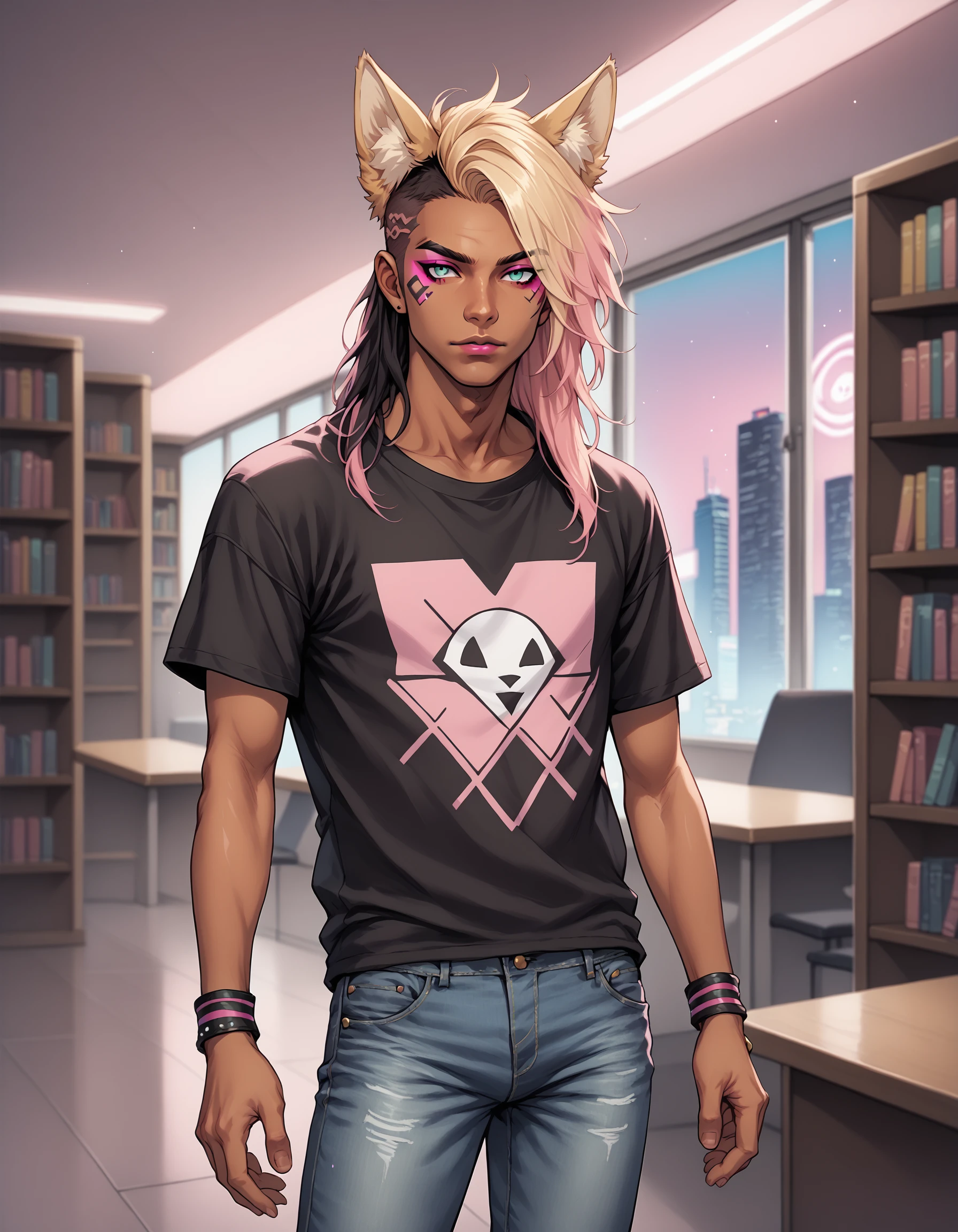 PonyXLV6_Scores 1boy, solo, transgender male, fox ears, animal ears, tan, tan skin, ganguro, two tone hair, long hair, wearing a black and pink anime tshirt, denim jeans, makeup, wristband, lipstick, jewelry, depth of field, vaporwave, citypunk, indoors, library MangaDetailPnyXL
