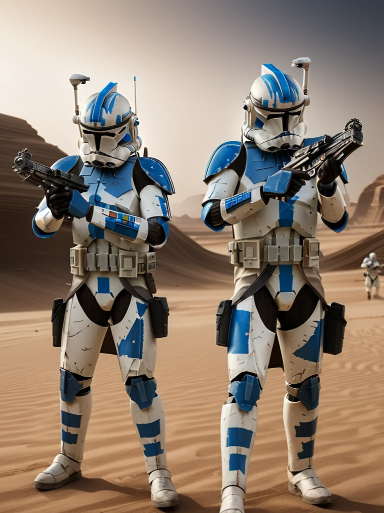 (full body1.5) shot of group of two Star Wars Clone Troopers <lora:CloneTrooper-Prequels:0.8> with blue paint markings holding and aiming a gun in a desert, 1boy, weapon, male focus, gun, solo, realistic, rifle, armor, insanely detailed, lifelike, looking at camera, atmospheric, intricate, character photography, 8k, sharp focus, unreal engine 5, volumetric lighting, octane render, vray, character photography, Fujifilm XT3, DSLR, 50mm, ultra-realistic, hyperrealism, authentic star wars atmosphere, masterpiece, trending on artstation