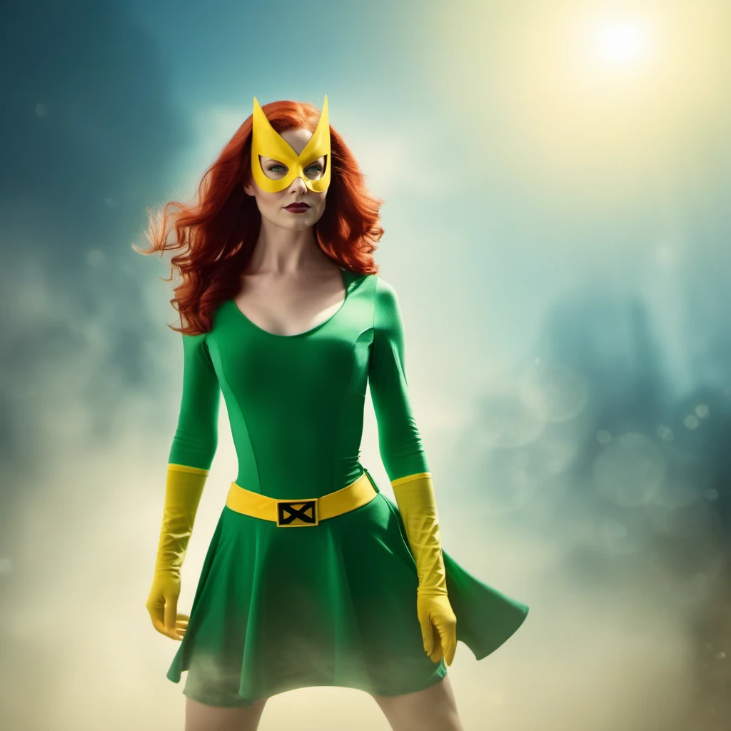 cinematic film still a full body redhead woman wears a green dress and a yellow mask, powerfull superhero <lora:MarvelGirl1024:0.8> . shallow depth of field, vignette, highly detailed, high budget, bokeh, cinemascope, moody, epic, gorgeous, film grain, grainy